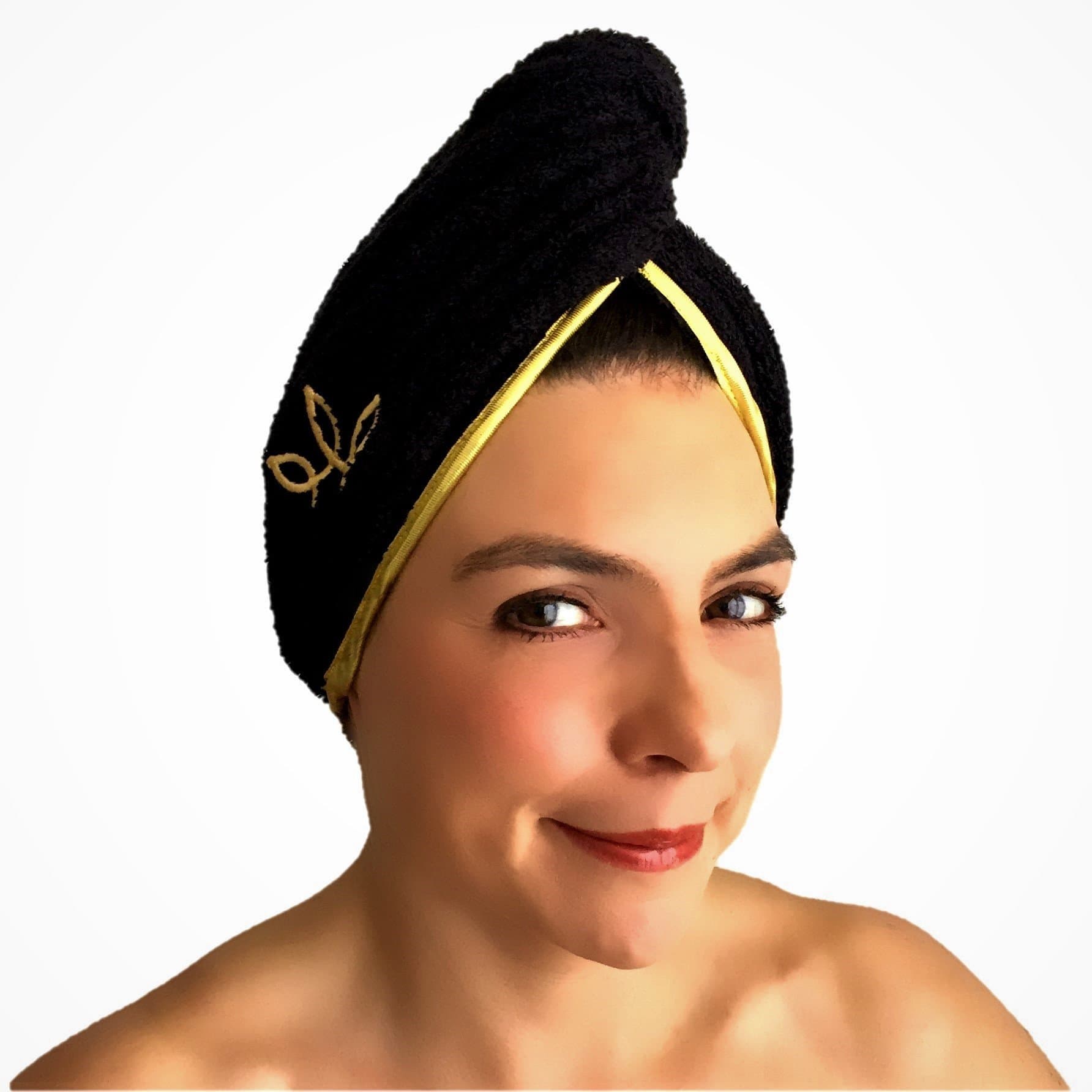 Microfiber Turban Towel | Black Hair Wrap With Elegant And Ultralight Design | Logo Embroidered, Luxury Stylish Button And Gold Color Border by Lusso Towels