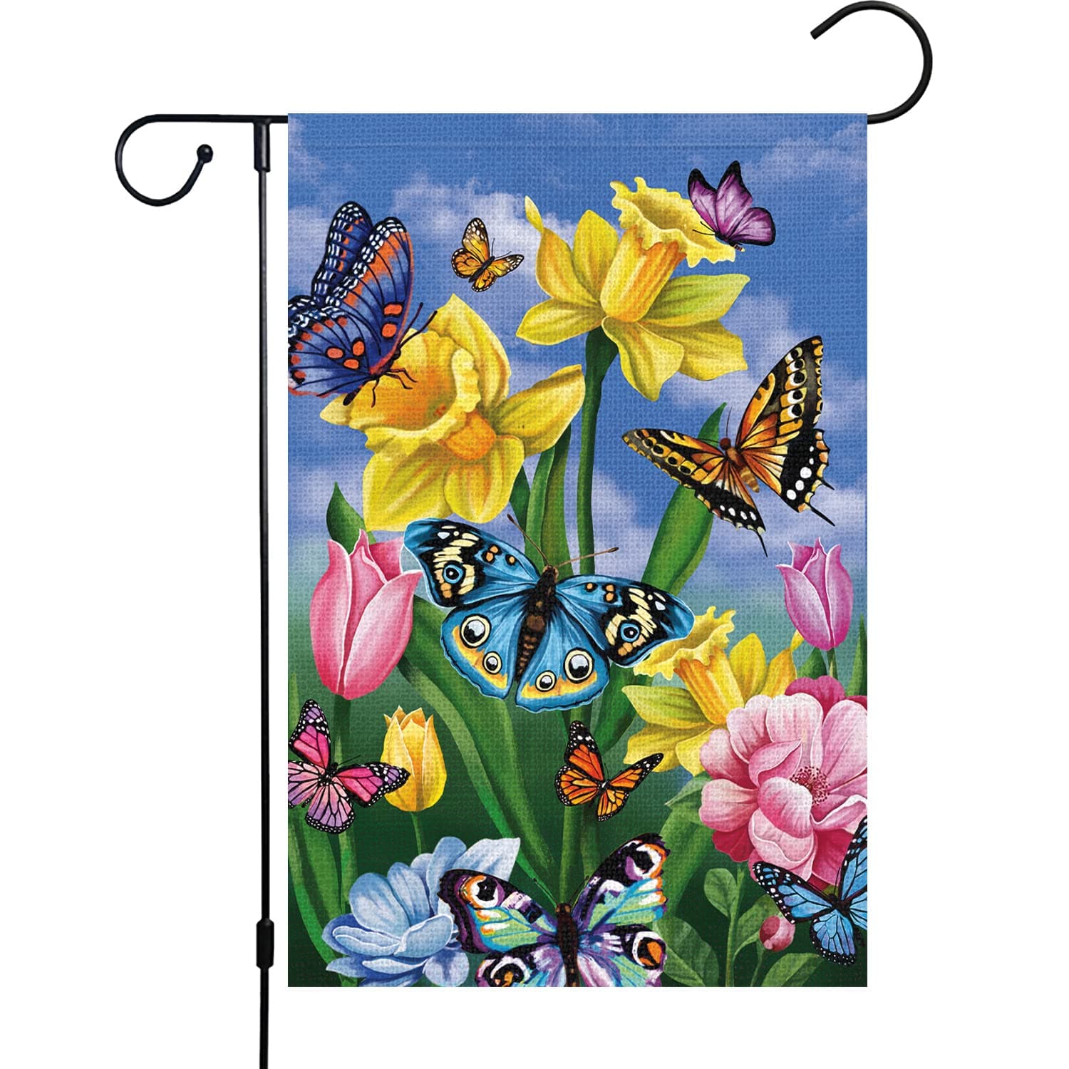 Louise Maelys Spring Garden Flag 12x18 Double Sided Vertical, Burlap Small Butterfly Floral Flower Welcome Yard House Banner Outside Outdoor House Summer Decoration (ONLY FLAG)