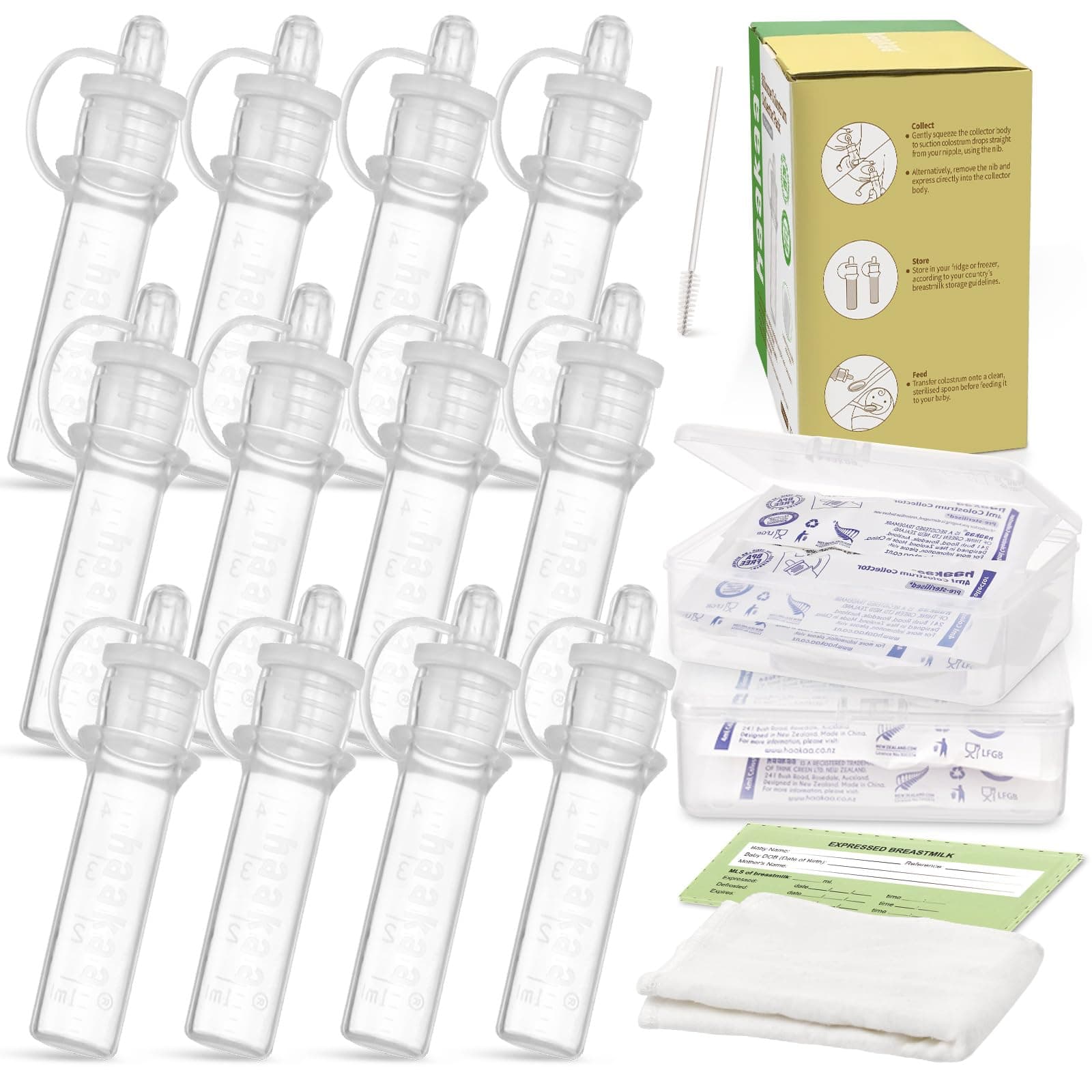 haakaa Colostrum Collector Syringes Set Colostrum Harvesting Kit Include 2 Storage Cases and 2 Cotton Cloth Wipes to Collect Store and Feed Colostrum, 0.1oz/4ml,12pcs
