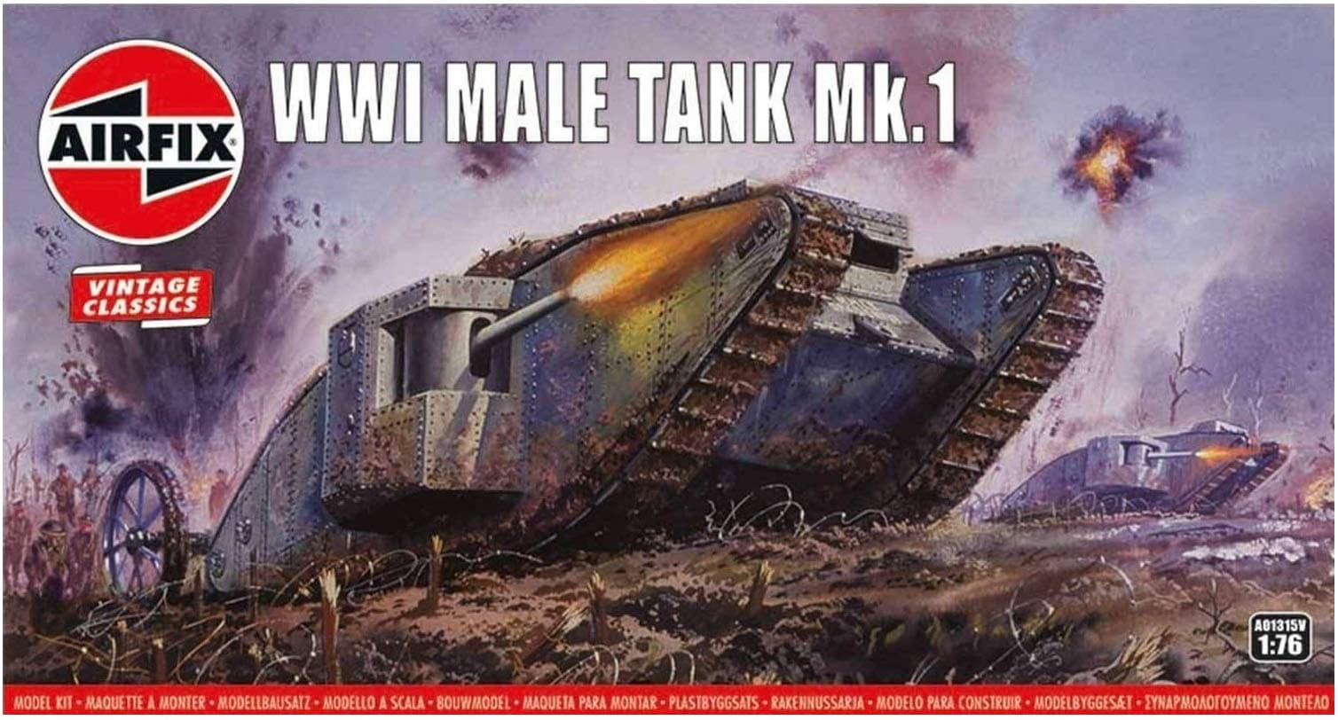 Airfix Vintage Classics Set - A01315V WWI Male Tank Mk.I - Plastic Model Tank Kits for Adults & Children 8+, Set Includes 49 Pieces - 1:76 Scale Model Tank Set