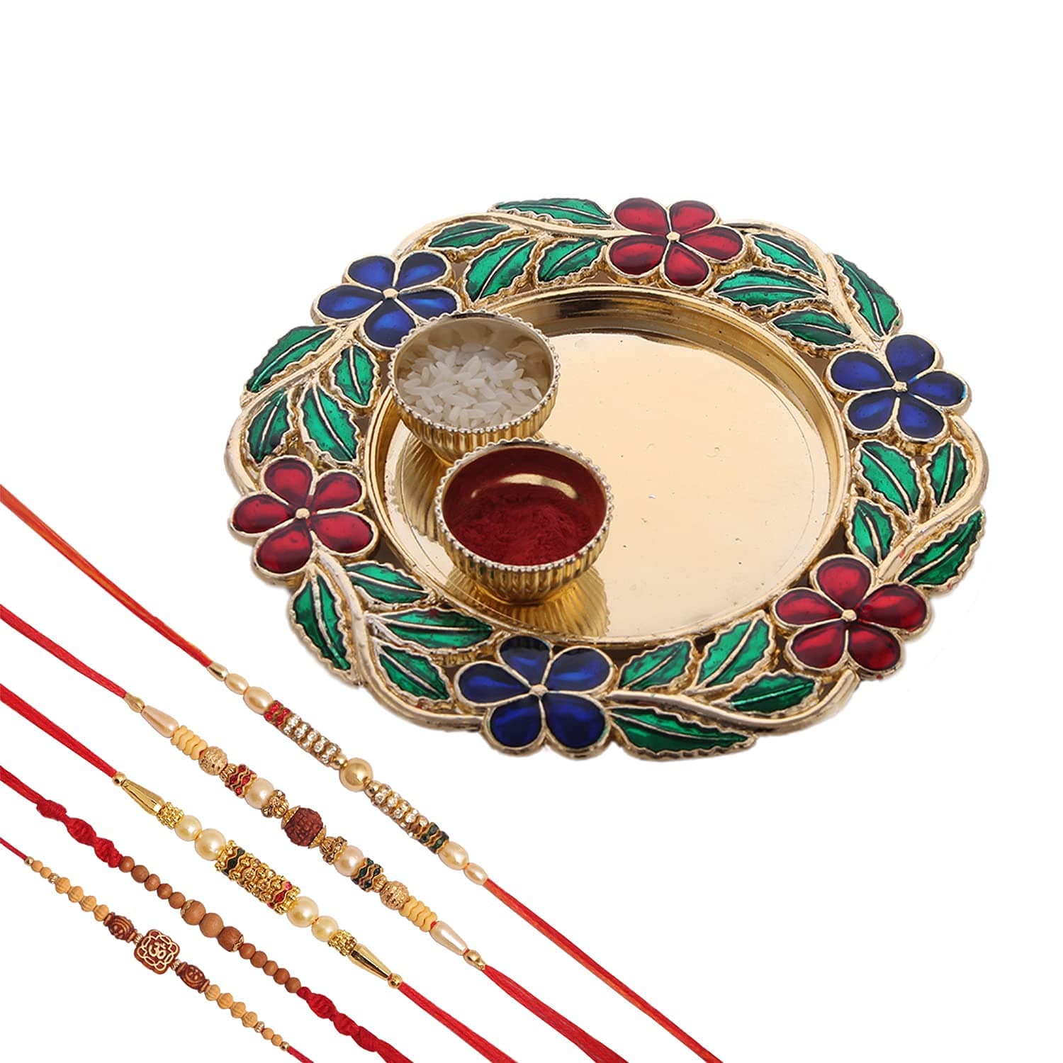 Mela Men's Rakshabandhan Rakhi with Decorative Pooja Plate & Kumkum Chawal (Multicolour) - Set of 3