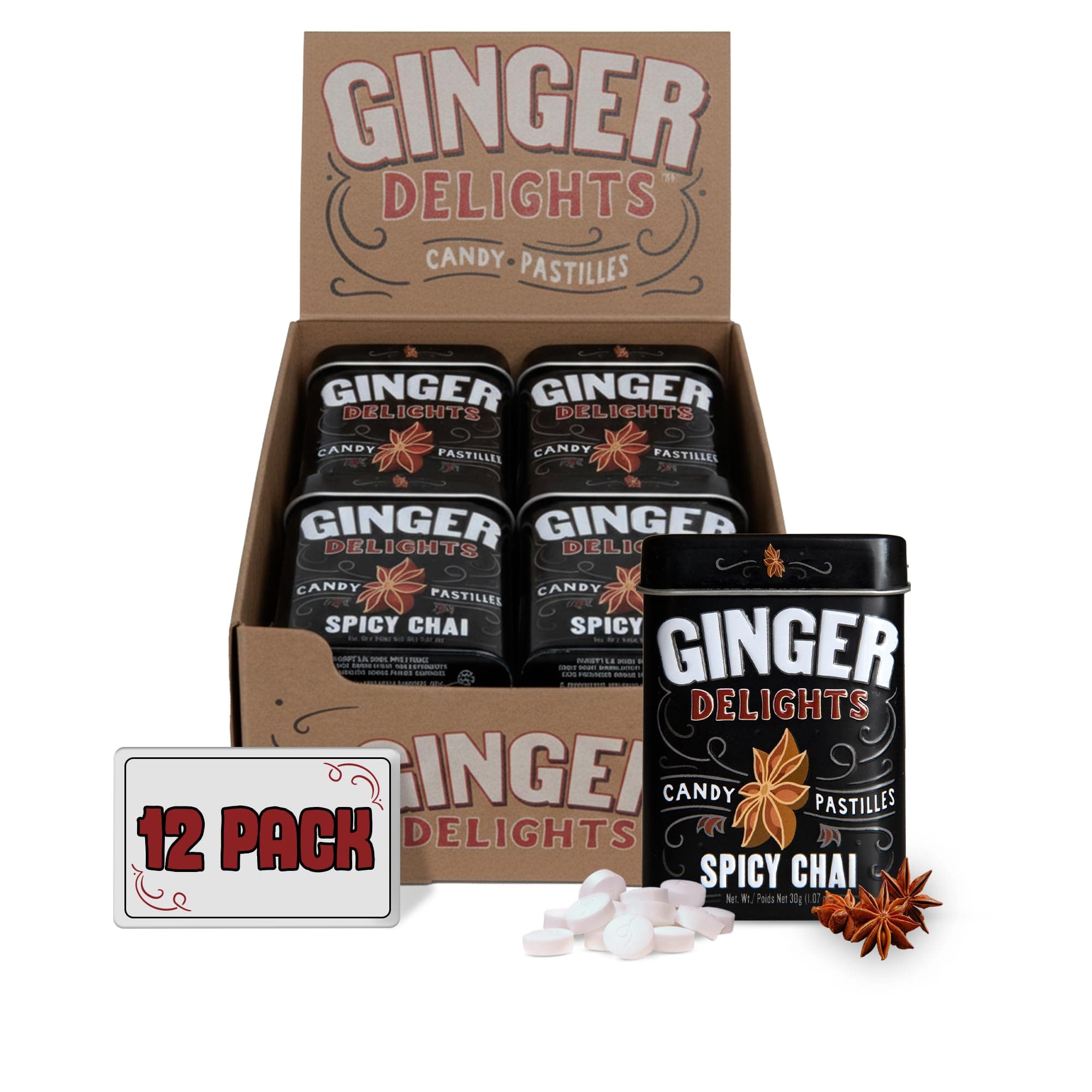 Ginger Delights Spicy Chai Candy | Genuine Ground Ginger Root, Natural Flavors | Kosher Certified, Vegan, Gluten Free | Aspartame & Xylitol Free | 30 Count Tin (Pack of 12)