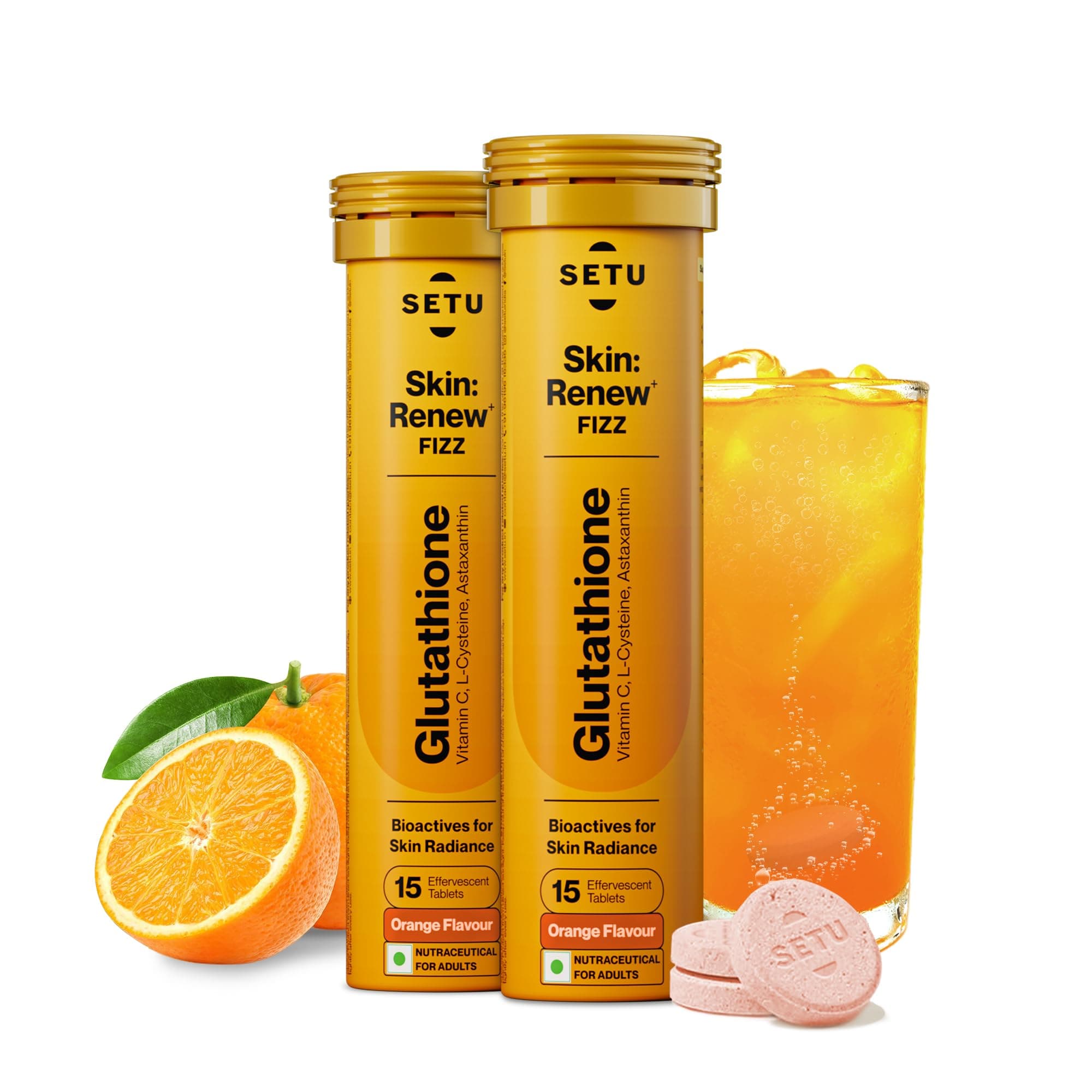 Skin Renew, Glutathione with Vitamin C, Gluta Fizz, Supports Detoxification, Sugar-Free, Orange Flavour, 30 Effervescent Tablets