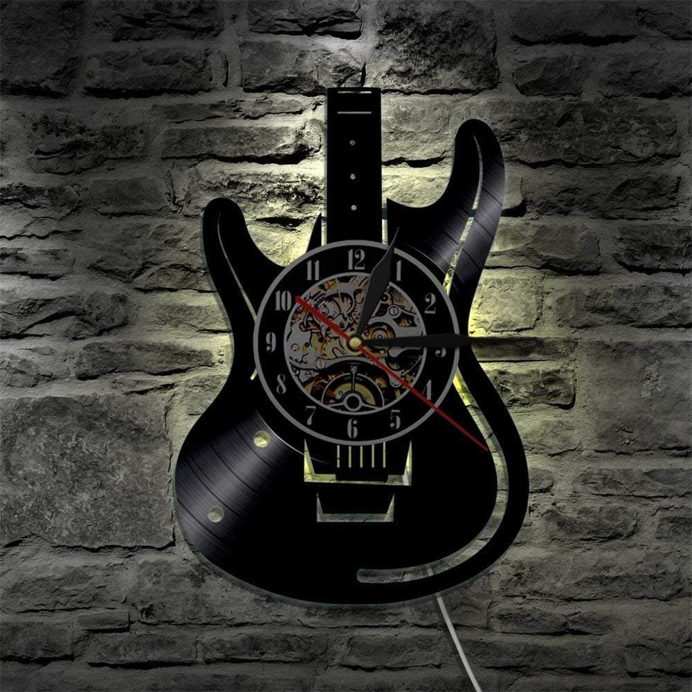 TOOWE 12 Inch Guitar Vinyl Record Design Wall Clock - 7 Colors Change Wall Lamp LED Illusion Night Light with Remote Control - Black
