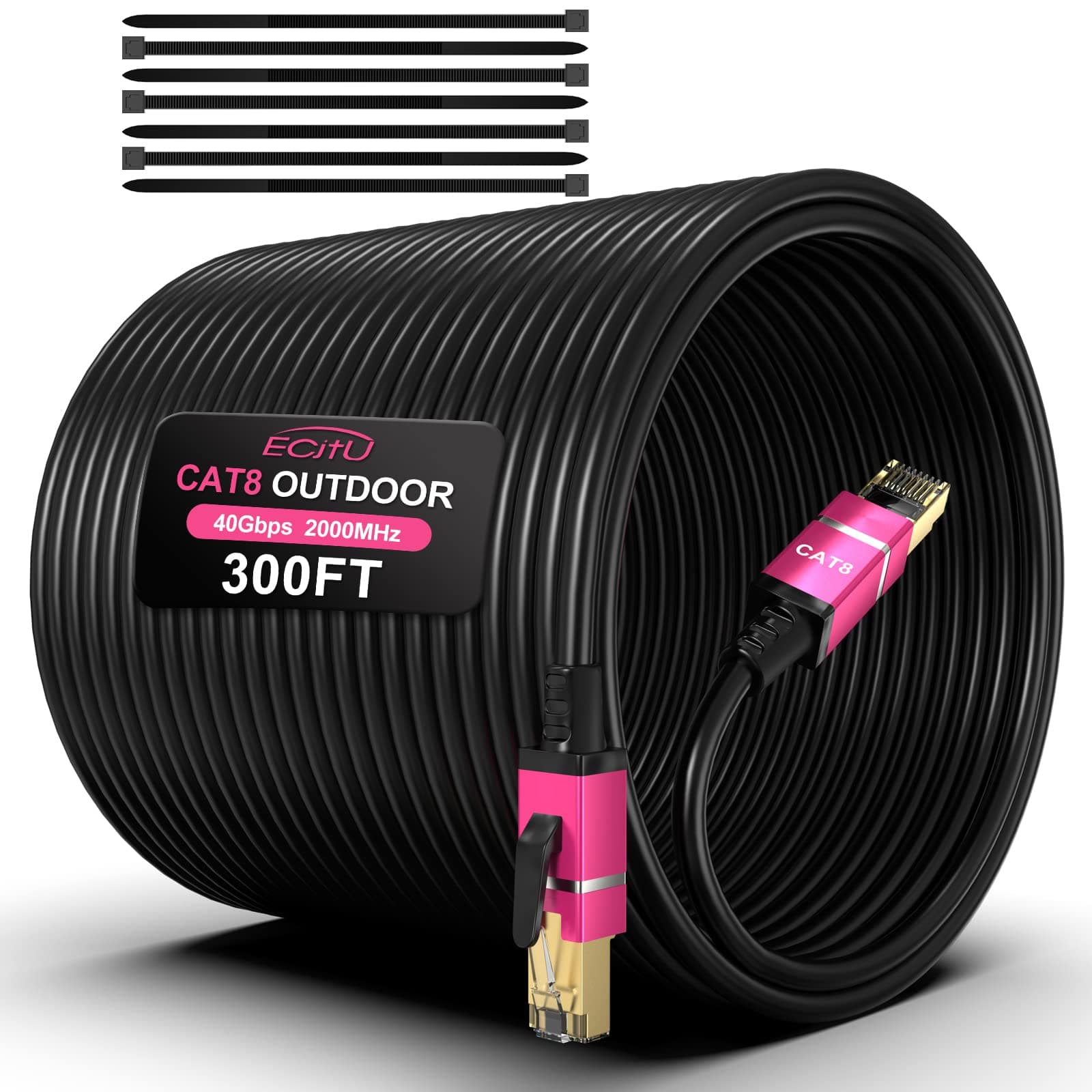 Outdoor Cat8 Ethernet Cable 300FT, POE, Heavy Duty Direct Burial