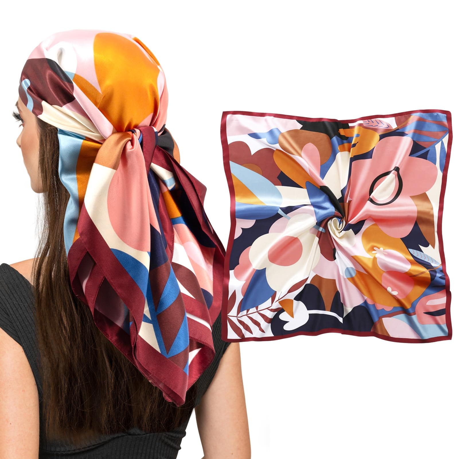 35" Square Silk Like Head Scarf - Women's Fashion Silk Feeling Scarf for Hair Wrapping and Sleeping at Night.