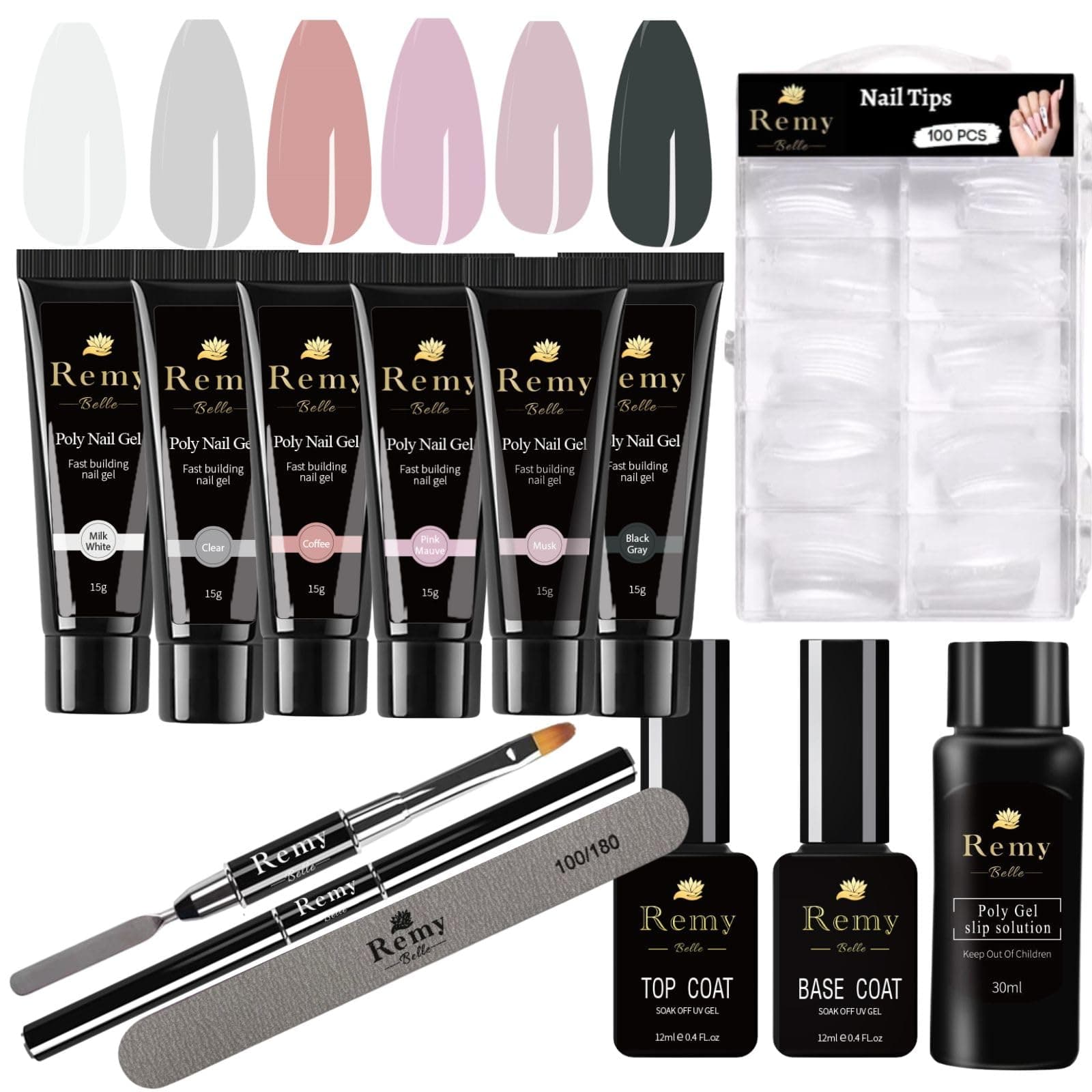 Remy BellePoly Nail Gel Acrylic Kit - 6 Colors with Slip Solution top base coat All One Kit for Nail Manicure DIY at Home (Nude)