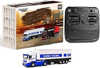 FLYCOLOR Turbo Racing 1:76 C50 RTR Tractor Remote Control Truck Four-Wheel Drive Simulated Headlights 10CH Minicar Model(White-Blue)