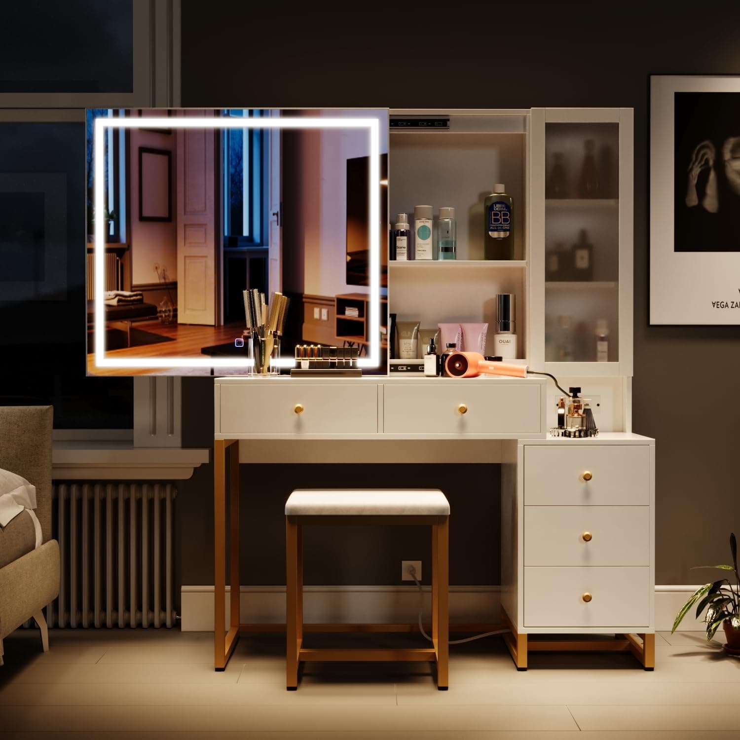 Vanity Set with Lighted Mirror and Charging Station, Extra Large Mirror Makeup Vanity Table with Cushioned Stool,5 Drawers, Modern Vanity Table with Nightstand