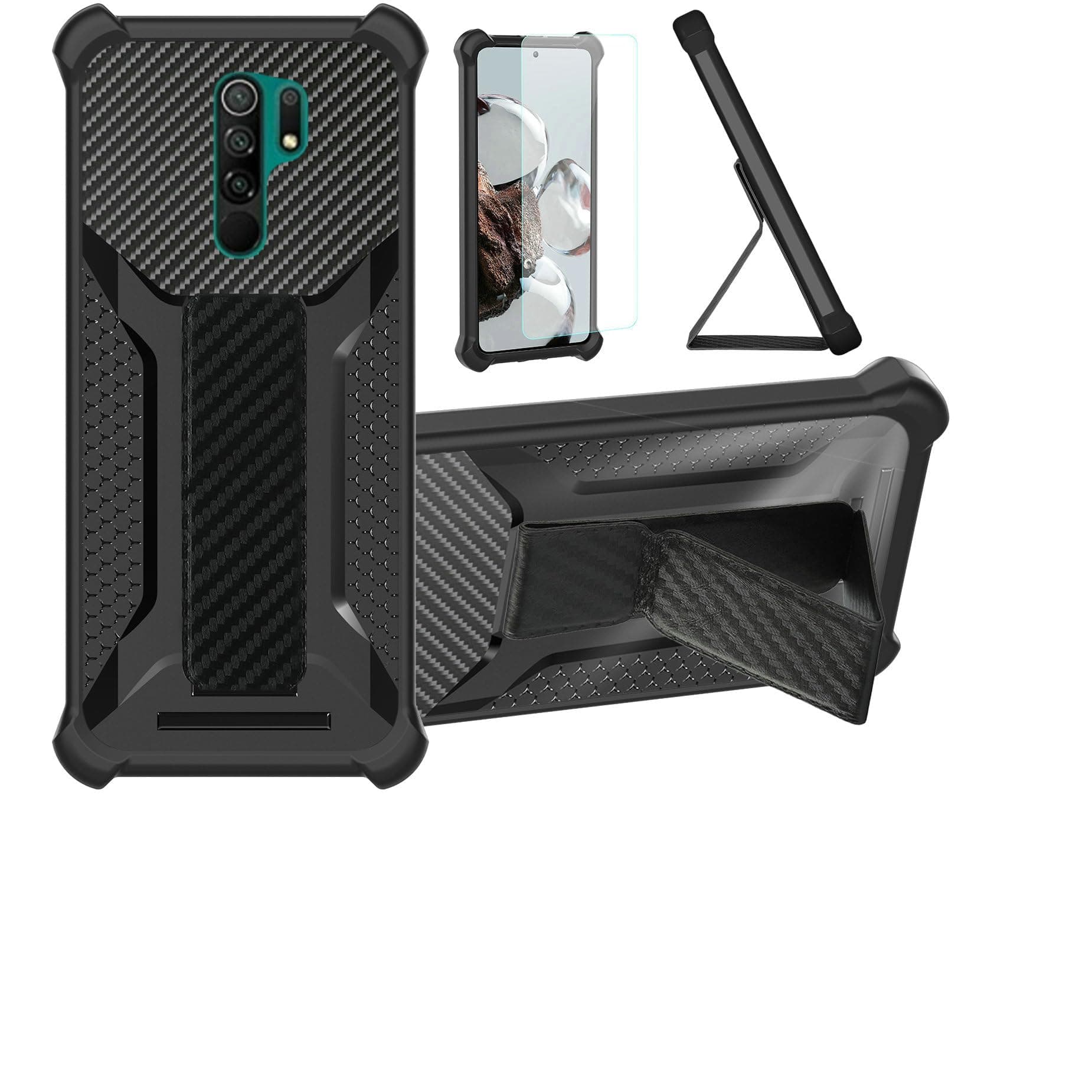 Case for Redmi 9 Phone Case Stand Cover [with Tempered Glass Screen Protector] Hybrid Case [Folding Support Magnetic] [Frosted Anti-Fingerprint] Black