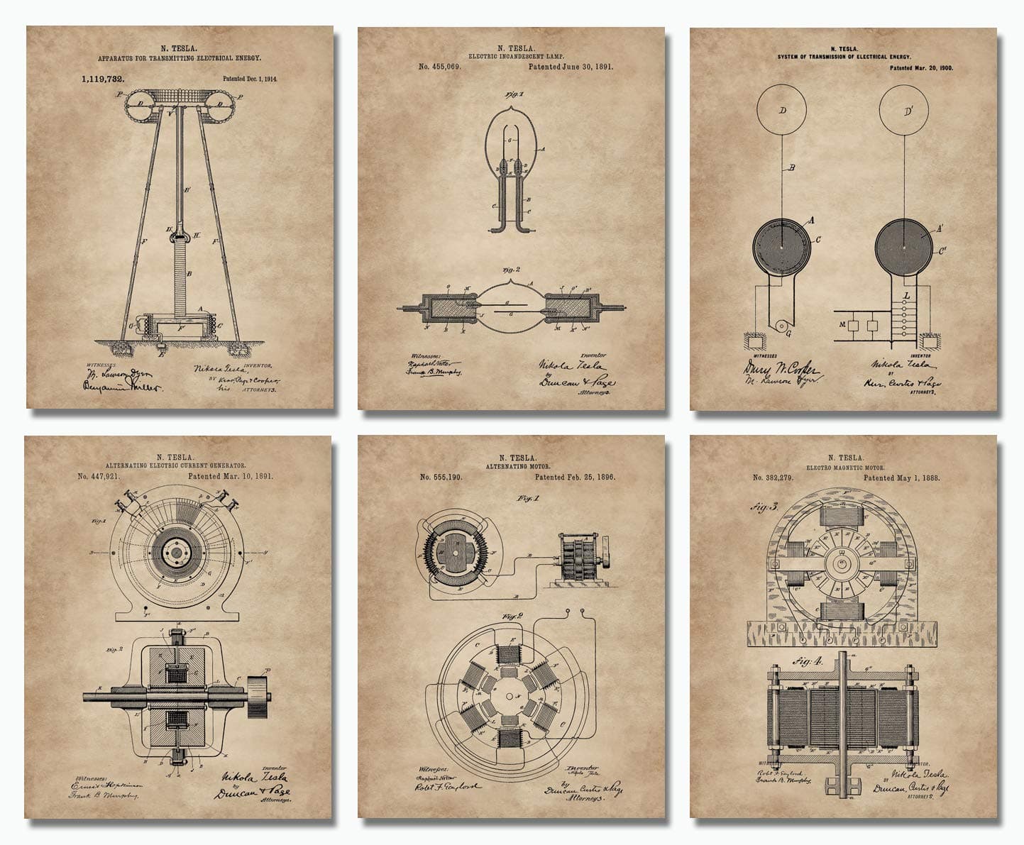 Nikola Tesla Gifts for Engineers - Steampunk Wall Decor 6 (8"x10") Unframed Wall Art Patent Prints - Industrial Artwork Home Decor - Electrical, Coil, Nerd, Geek, Science, Physics Decorations