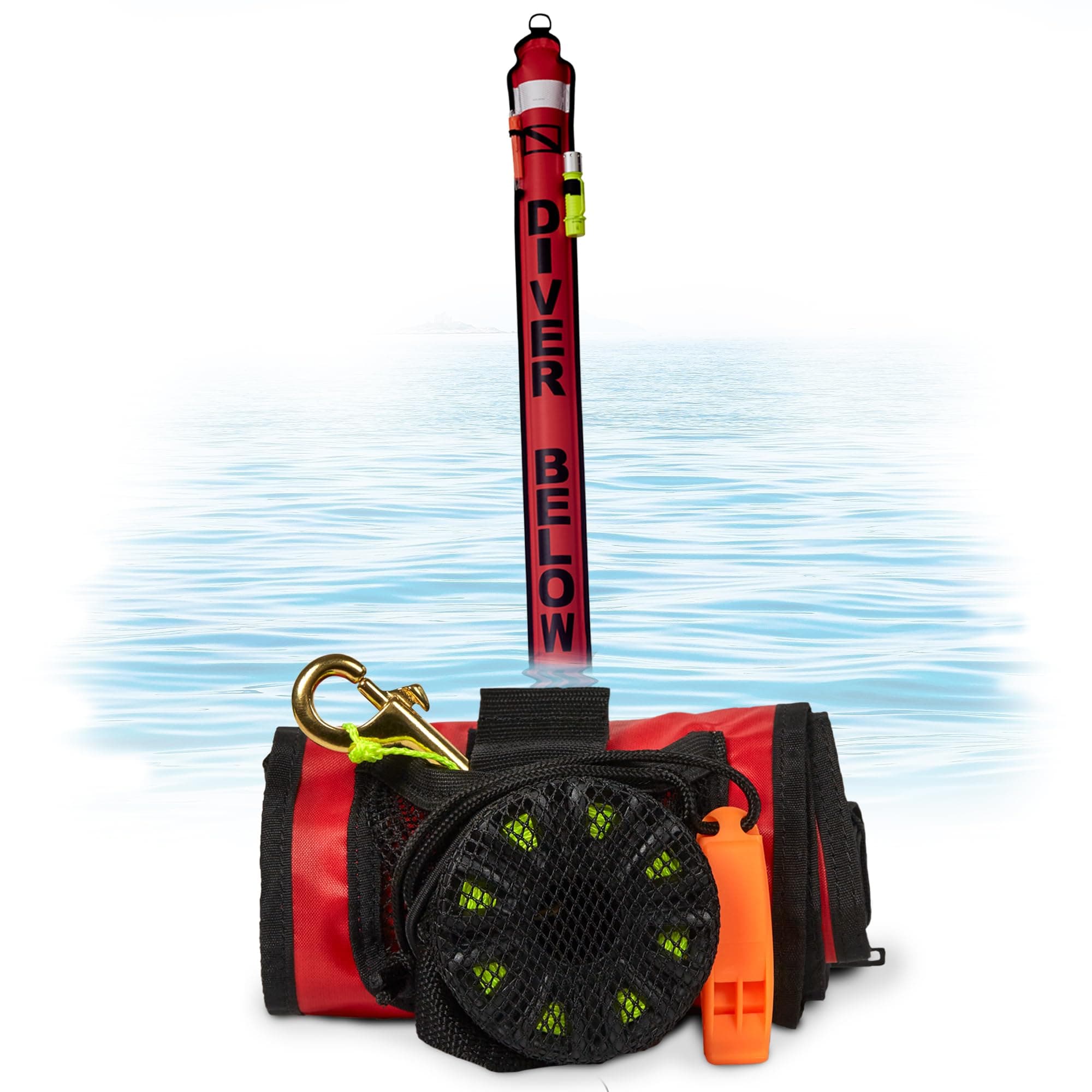 DiveSafe Delayed Surface Marker Buoy – 7ft Closed Bottom with High Visibility Reflective Band, Strobe Light and Flashlight Holder, 100ft ABS Finger Reel and Whistle