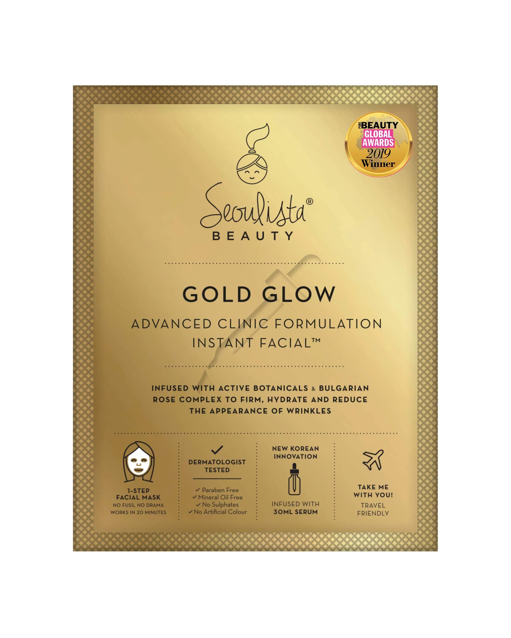 Seoulista Beauty Advanced Clinic Formulation Gold Glow Instant Facial – Anti-Ageing Face Mask —With Bulgarian Rose Oil, Vitamin C, Niacinamide — Dermatologist Created — Globally Award Winning