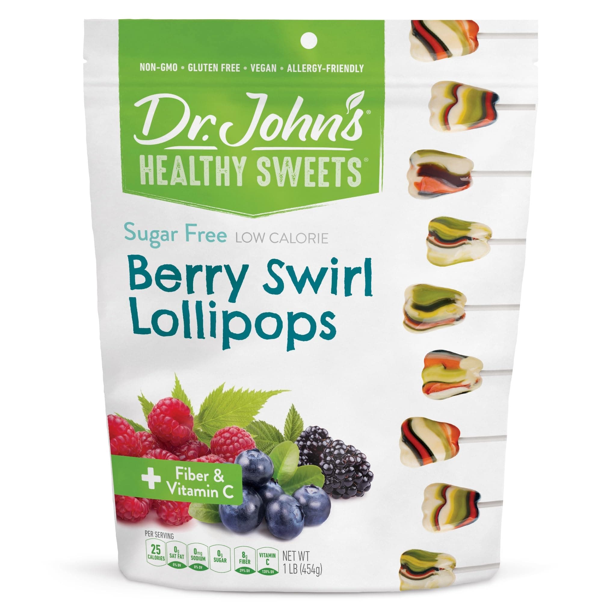 Dr. John’s Sugar Free Berry Swirl Lollipops – Keto Friendly, Vegan, Gluten Free – Xylitol & Erythritol, +Fiber & Vitamin C, Individually Wrapped – 60 Count (1 lb)