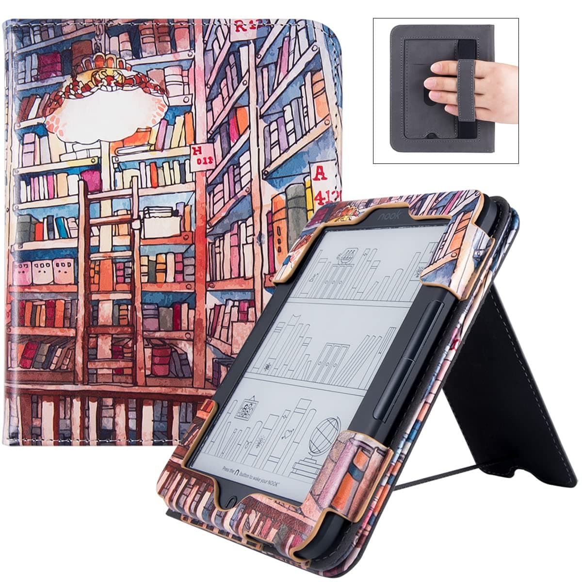 BOZHUORUI Stand Case for Nook Glowlight 4/Glowlight 4E e-Reader (2021 & 2022 Released) - Premium PU Leather Sleeve Cover with Card Slot and Hand Strap (Bookstore)