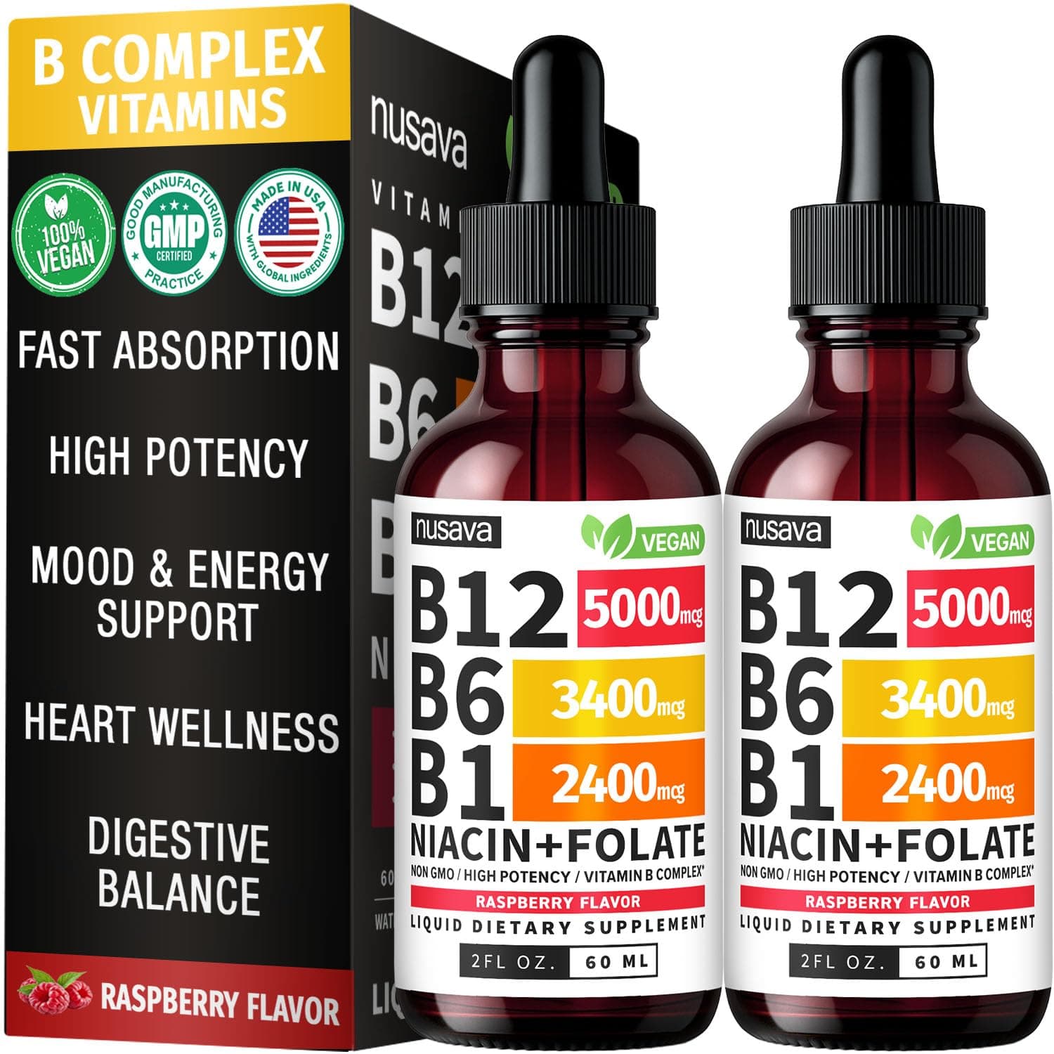 (2 Pack) Vitamin B12 and B6 Liquid Drops, B12 Sublingual Vitamin B Complex - B 12 Vitamin 5000mcg - B12 Methylcobalamin for Energy, Brain, and Heart Support with 27,200 mcg, Raspberry, 80 Servings