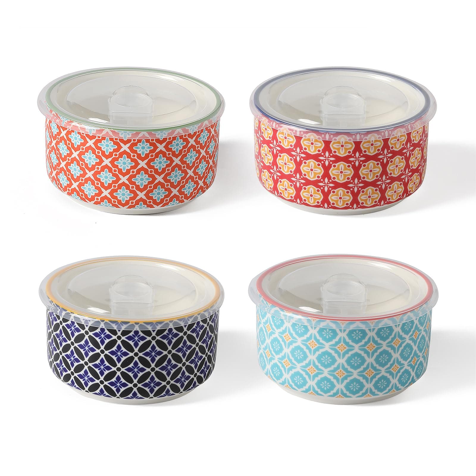 Ceramic Bowl Set with Lids, Serving Bowls with lids, 5 Inch Prep Bowls for Kitchen, Lunch, Picnic, Microwave & Dishwasher Safe, 20 Oz Set of 4