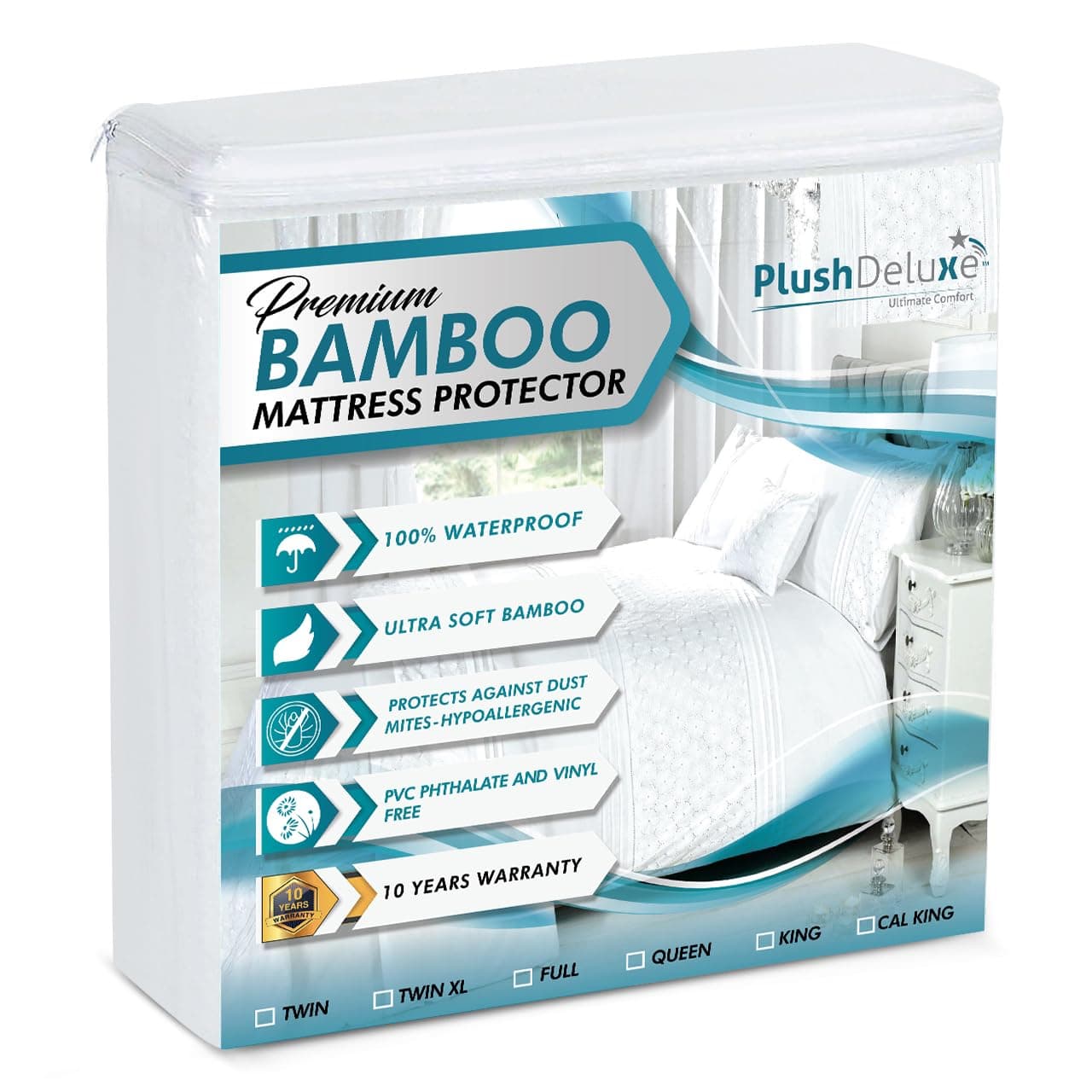 PlushDeluxe Premium Bamboo Mattress Protector – Twin Size, Waterproof, & Ultra Soft Breathable Noiseless Washable Bed Mattress Cover for Comfort & Protection - White