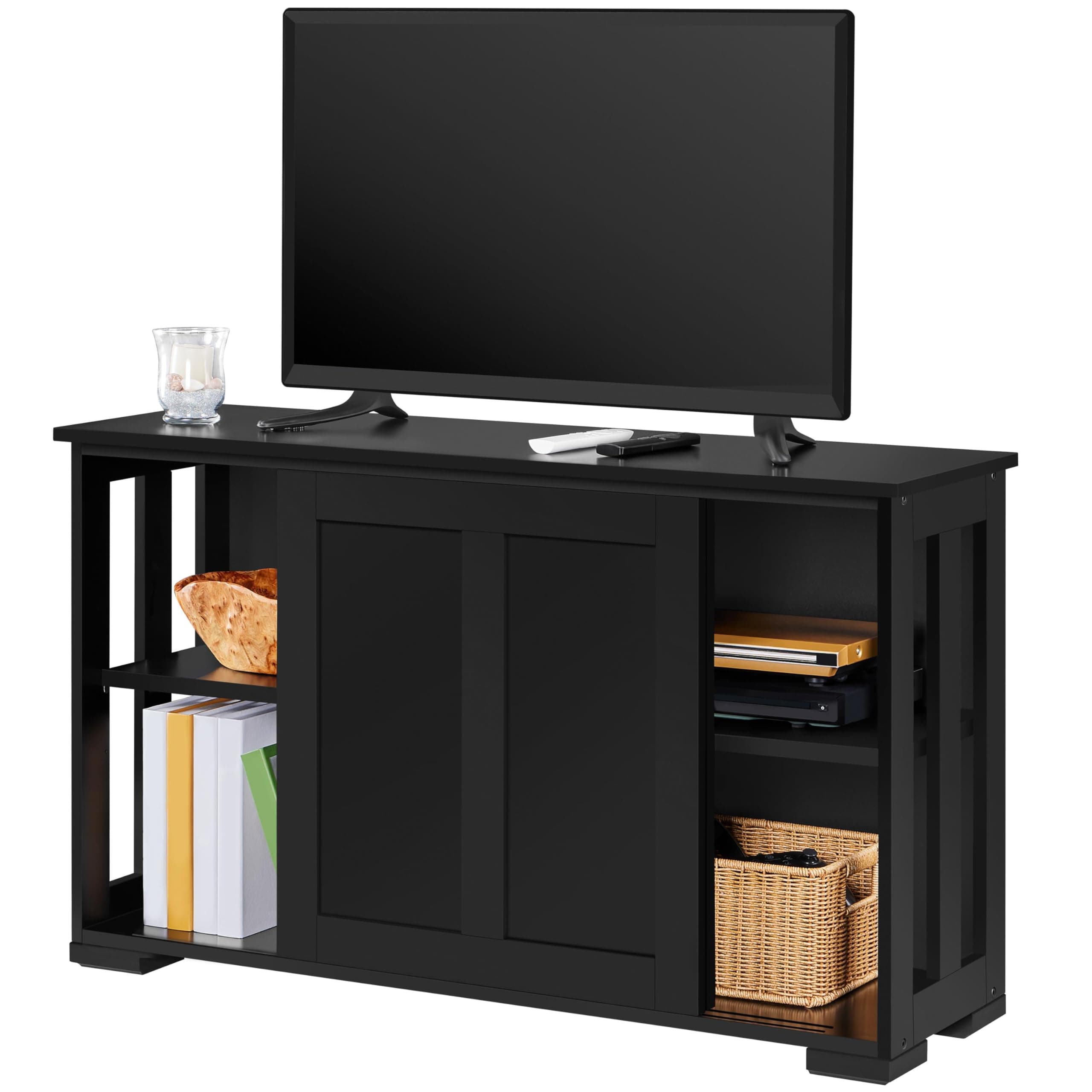 Yaheetech TV Stand, Wooden Storage Console Table with Sliding Door and Adjustable Shelf, Free Standing Cabinet for TV up to 45 Inch, Media Entertainment Center Home Living Room Furniture, Black