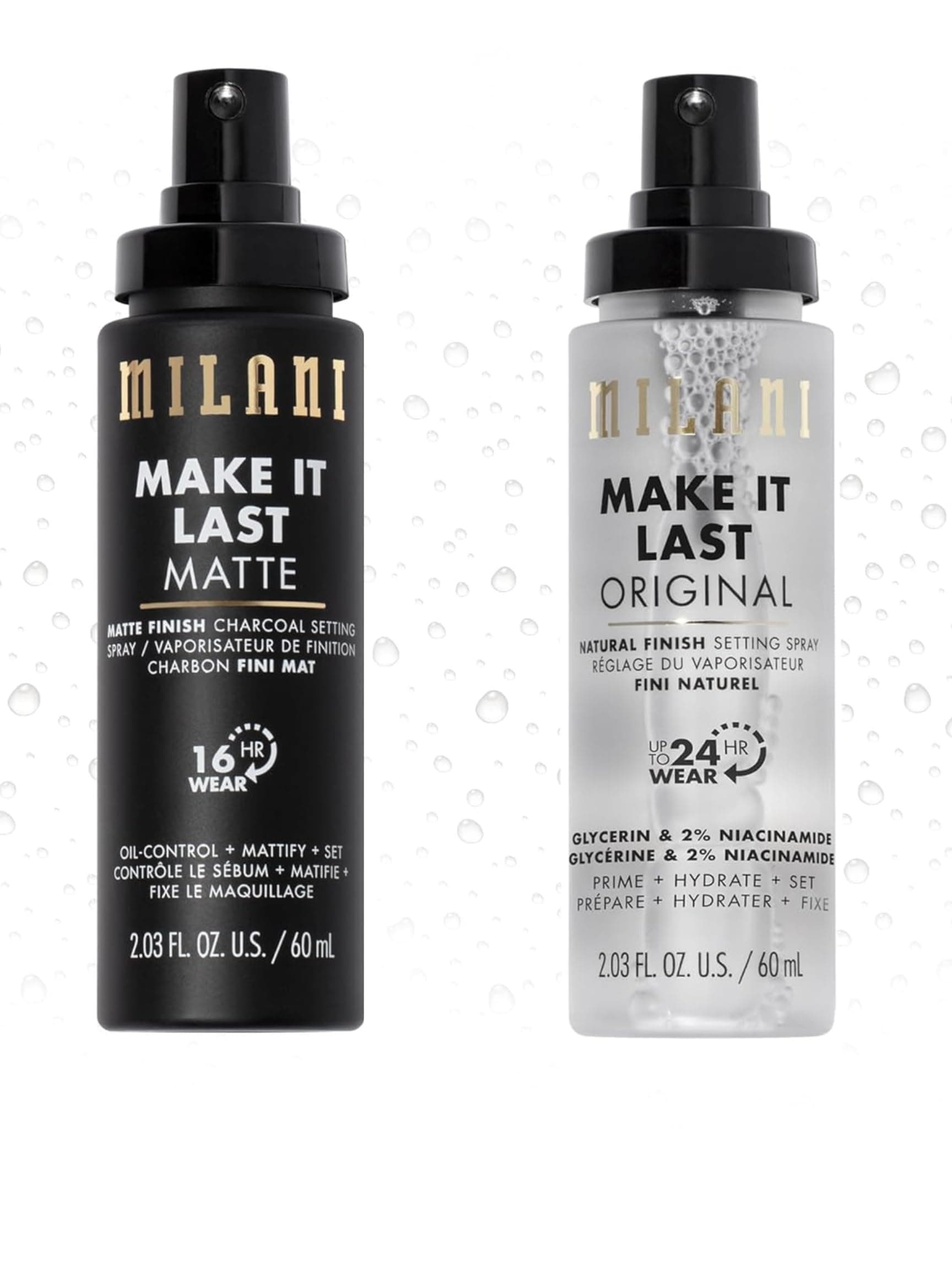 Setting Spray + Primer, Make It Last Original - Natural Finish with Niacinamide for Hydration & Make It Last Matte- Oil Absorbing Charcoal Formula to Control Shine - 2 Pack