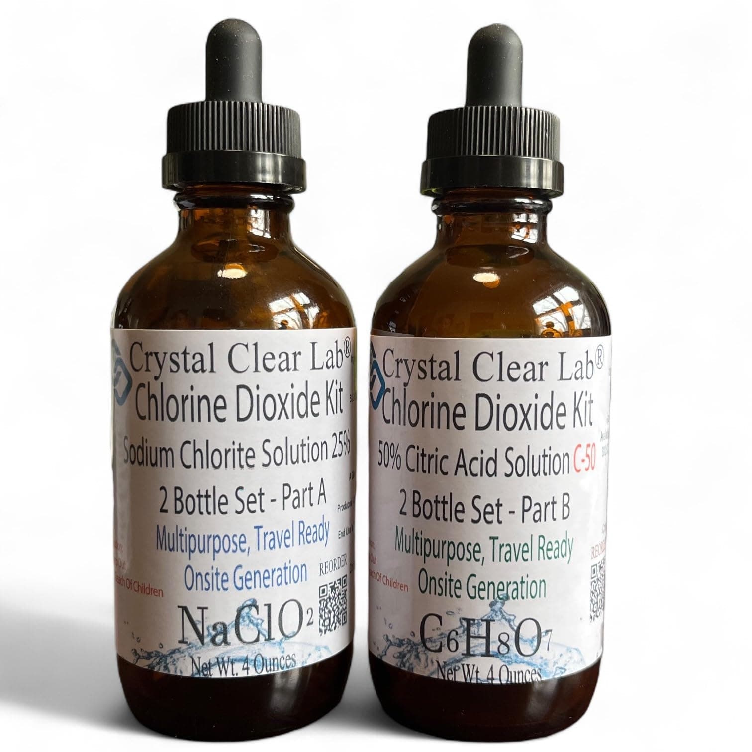 Chlorine Dioxide Solution Kit, 8oz Glass Set for CDS ClO2 Generation, 3000 PPM Concentration