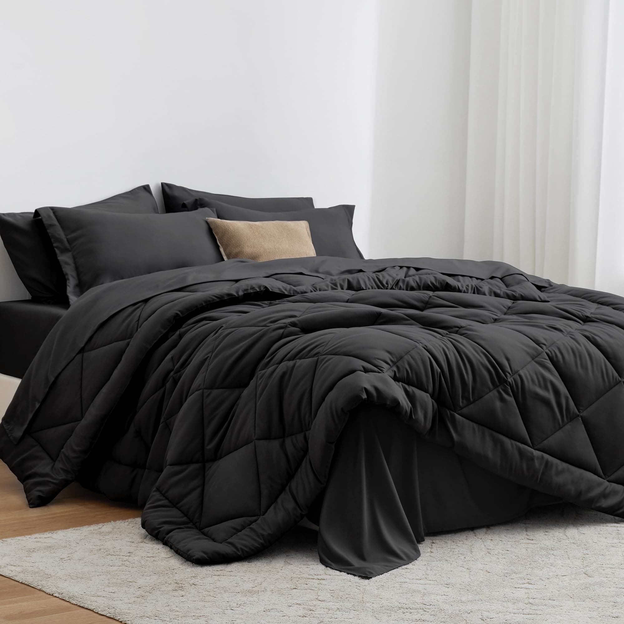 Love's cabin Full Comforter Set Black, 7 Pieces Full Bed in a Bag, All Season Bedding Sets with 1 Comforter, 1 Flat Sheet, 1 Fitted Sheet, 2 Pillowcase and 2 Pillow Sham