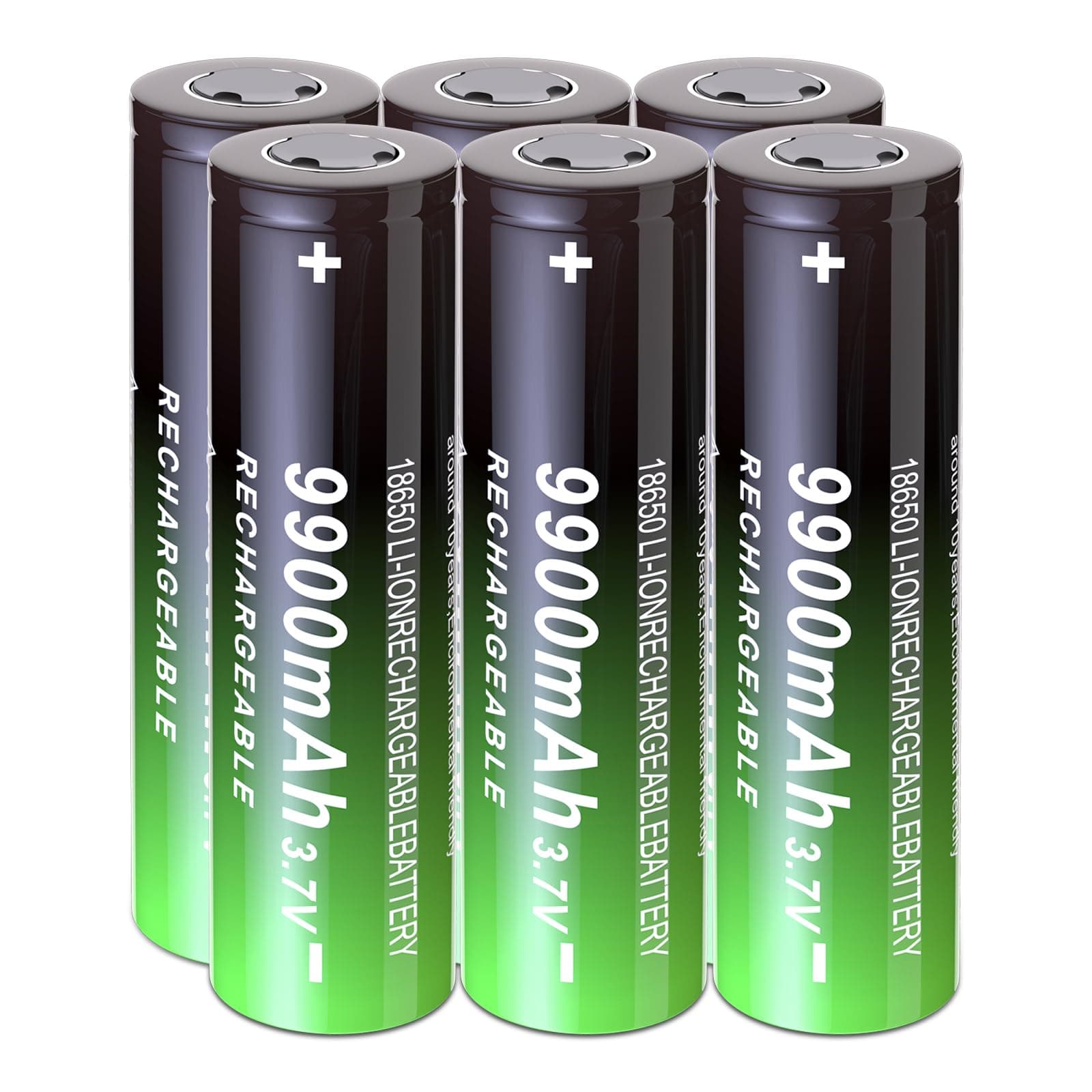 18650 Rechargeable Battery 3.7Volt Li-ion Large Capacity 9900mAh Flat Top 6 Pack for Flashlight Headlamp