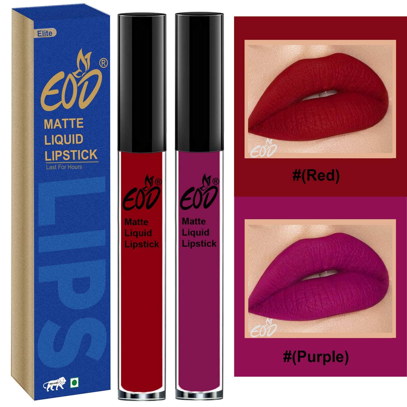 EOD® Soft Matte Kiss Proof Vegan Made in India Liquid Lipstick Long Wearing Set of 2 Lip Gloss(Red, Purple)