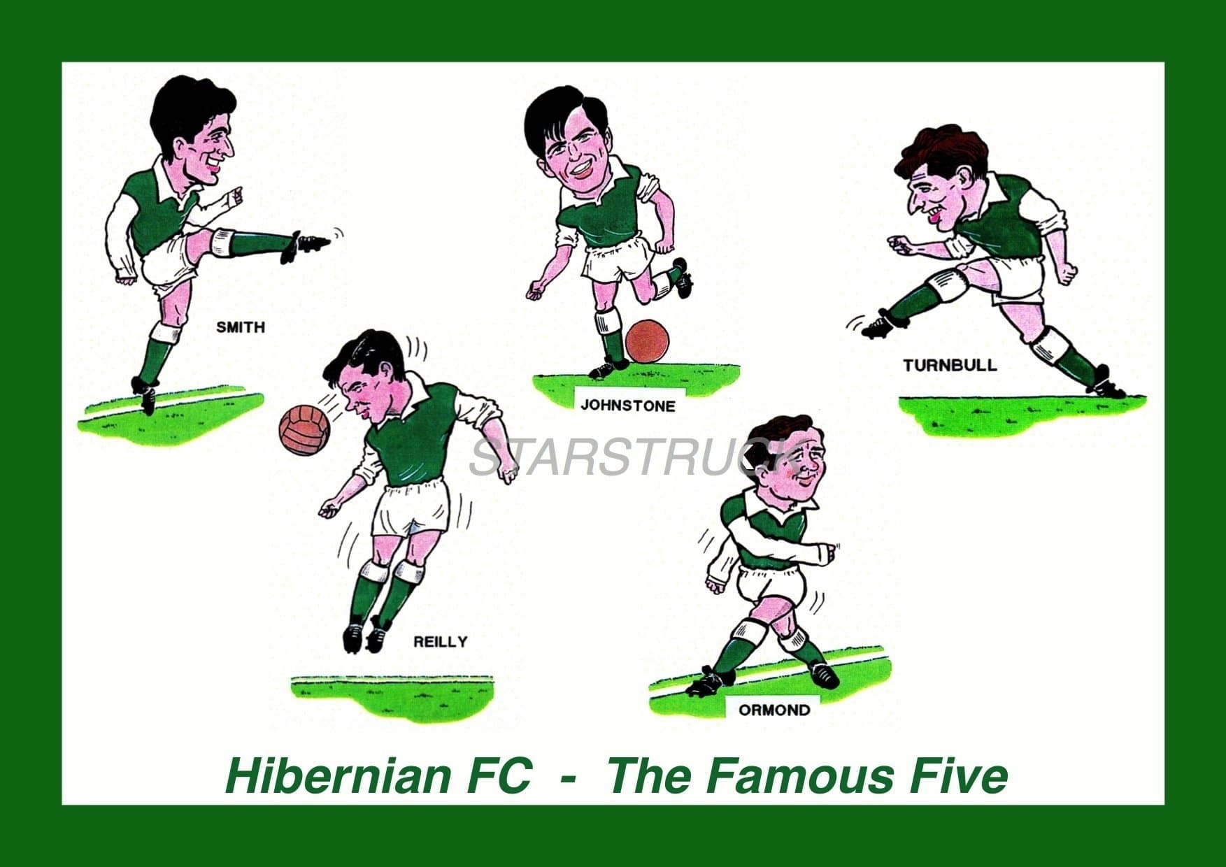 Hibernian FC Famous Five Lawrie Reilly Bobby Johnstone Gordon Smith Eddie Turnbull Willie Ormond Bobby Combe Exclusive A4 Print