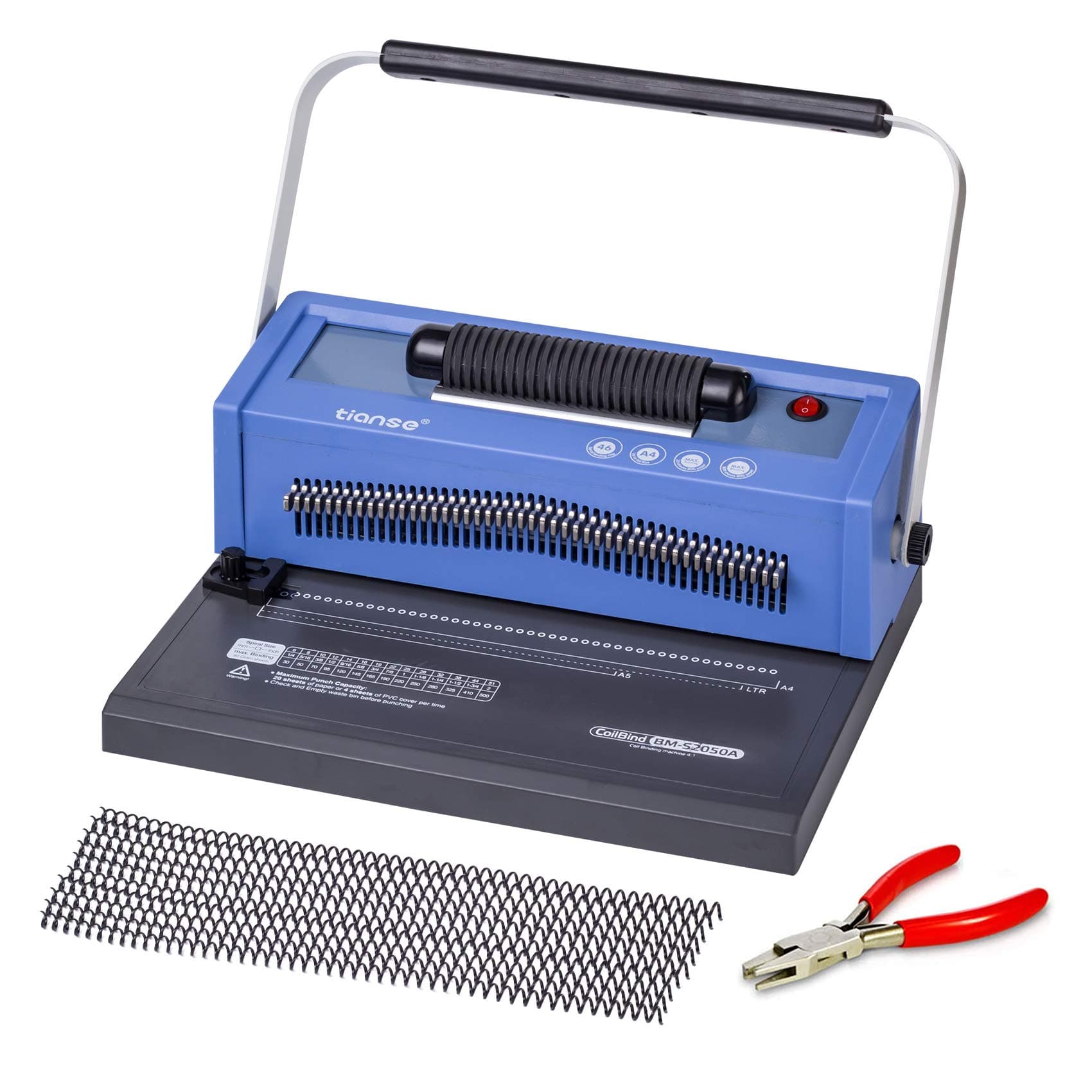 Spiral Coil Binding Machine, Manual Book Maker Punch Binder with Electric Coil Inserter, Disengaging pins, Adjustable Side Margin, Comes with 100pcs 5/16'' Plastic Coil Bind Spines & Plier