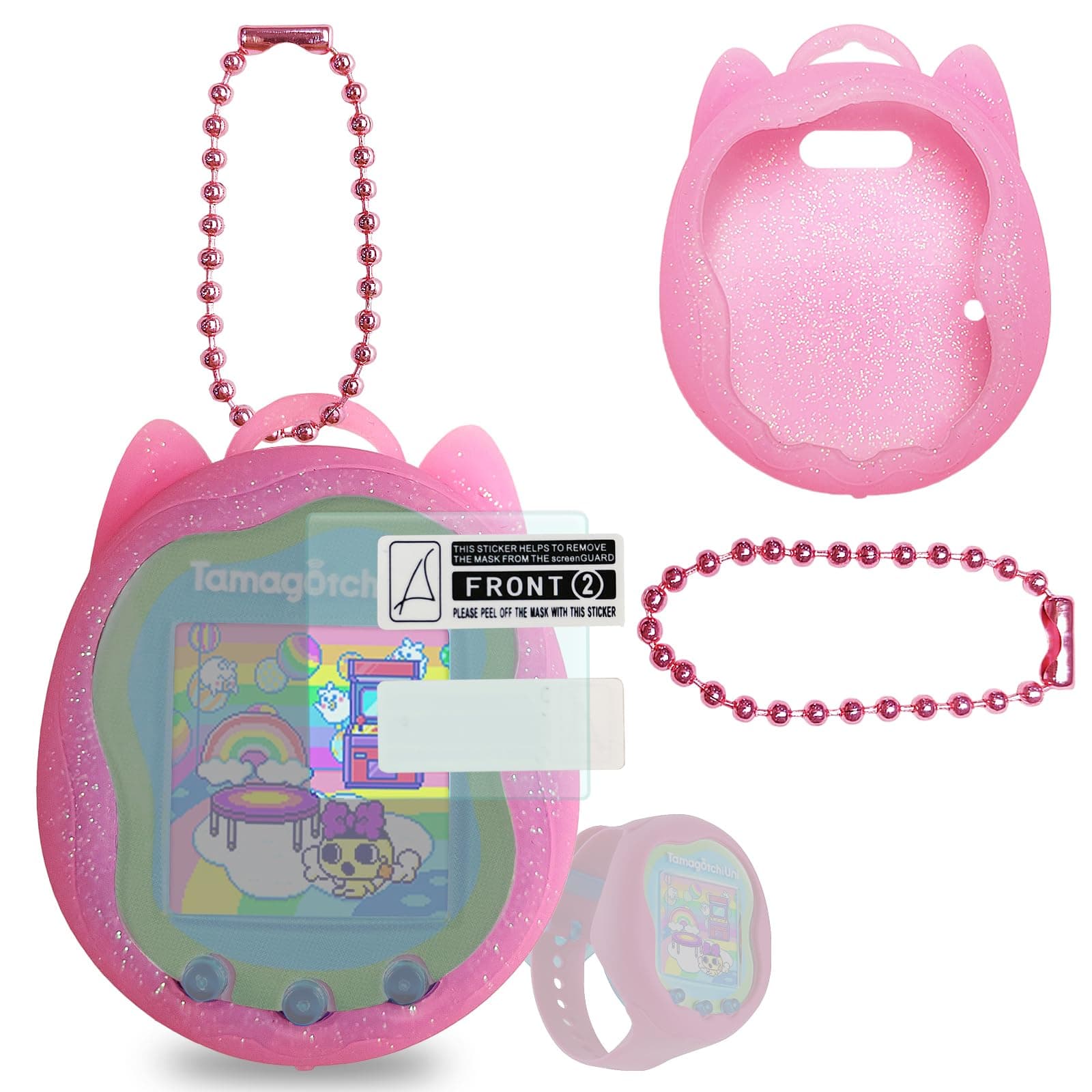 JCHPINE Silicone Case Replacement for Tamagotchi Uni, Screen Protector for Tamagotchi Uni Band Pet Accessories(Silicone Case and Screen Film) (Pink Case)