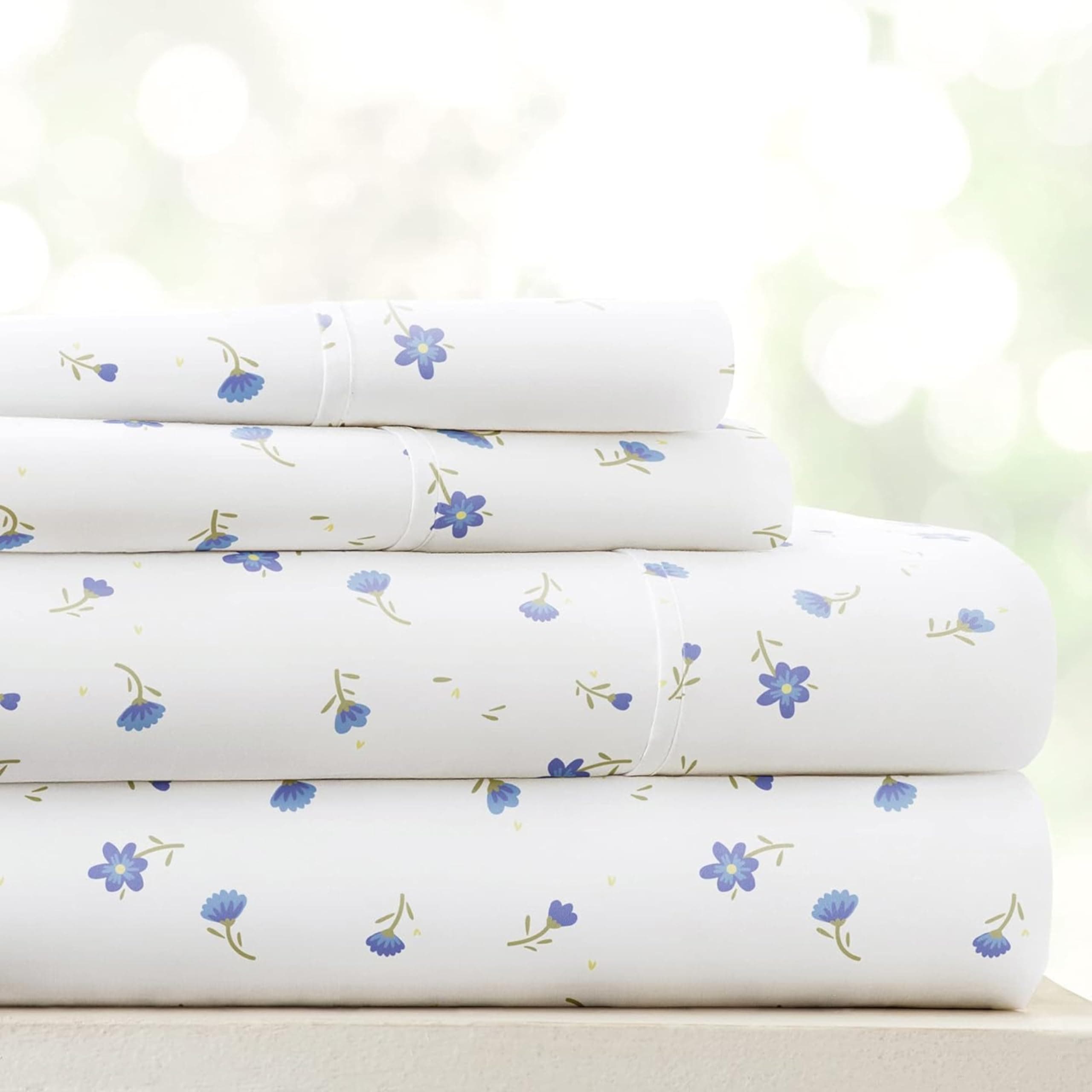 Linen Market Double-Brushed Patterned Microfiber Queen Sheet Set 4 Piece – Oeko-TEX Certified Ultra Soft & Wrinkle-Free - 16" Deep Pocket Sheets - Easy Care Queen Size - Soft Floral Light Blue