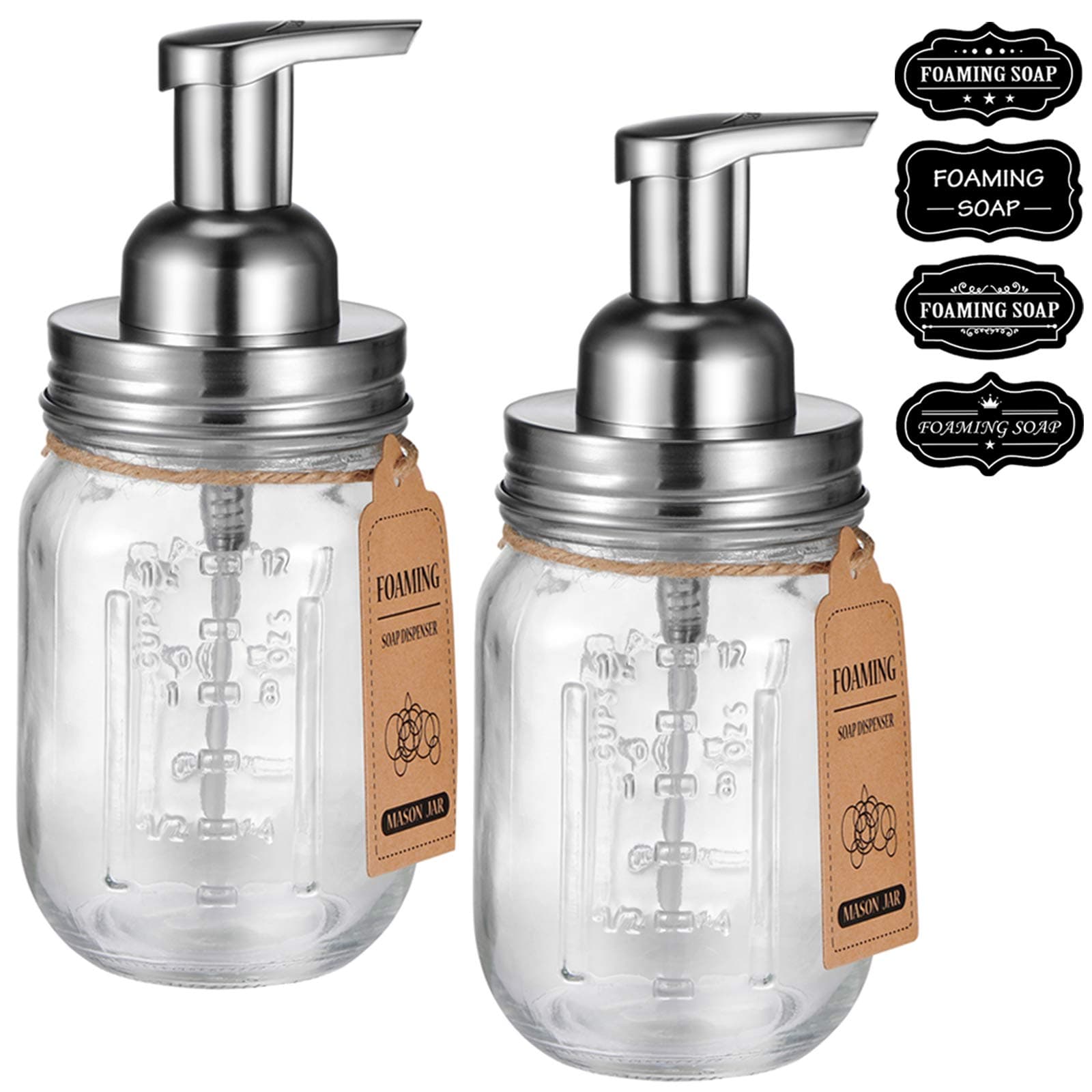 Mason Jar Foaming Soap Dispenser -Rustproof Stainless Steel Lid/BPA Free Foam Pump-Waterproof Chalkboard Labels-Farmhouse Decor Bathroom Accessories,Refillable &Eco Friendly -Brushed Nickel (2 Pack)