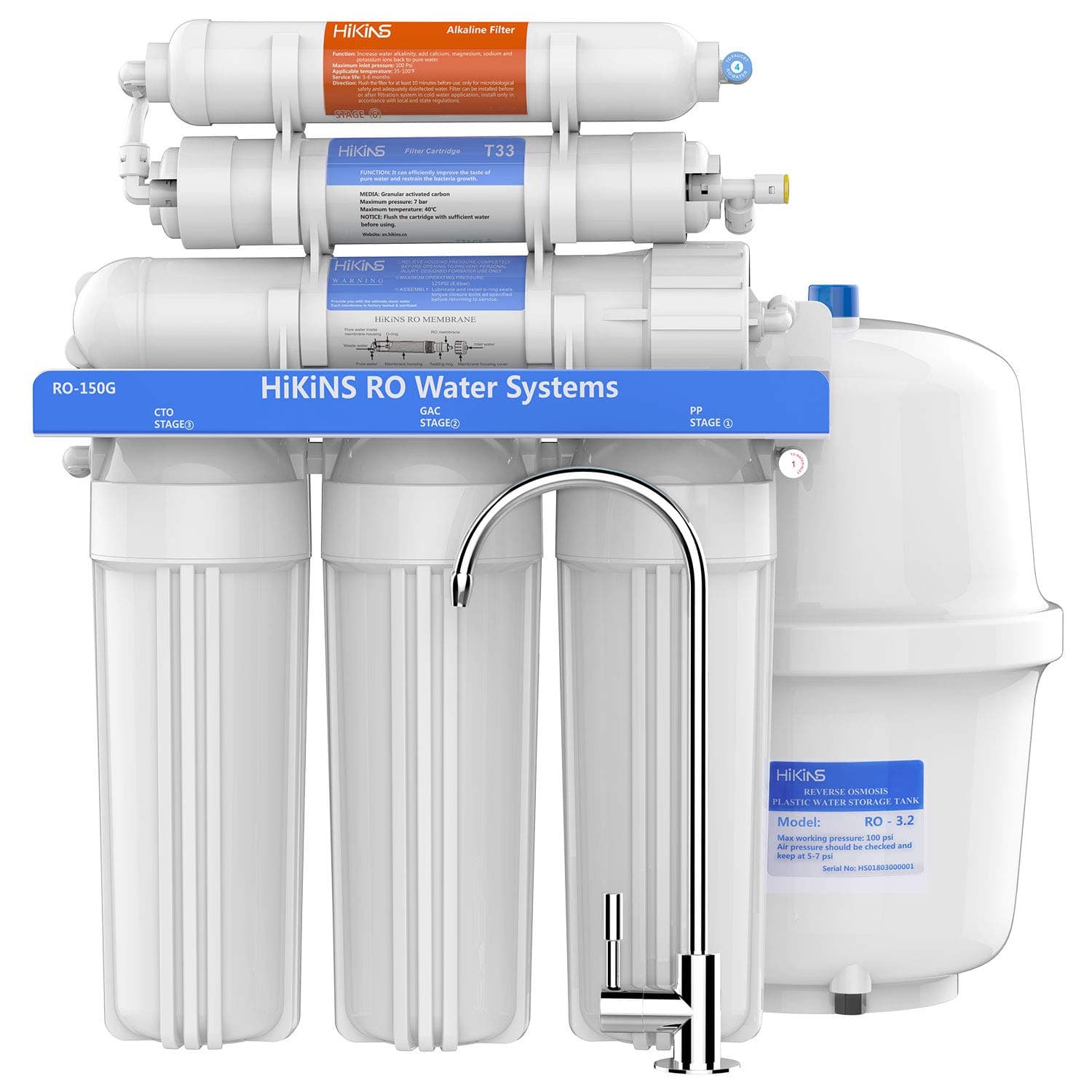 HiKiNS Reverse Osmosis Water Filtration System 125GPD 5-Stage Home Drinking RO Water Filter System with Large Flow 125GPD Membrane and Efficiency of Water Saving 6-StageROSystem150GPD White