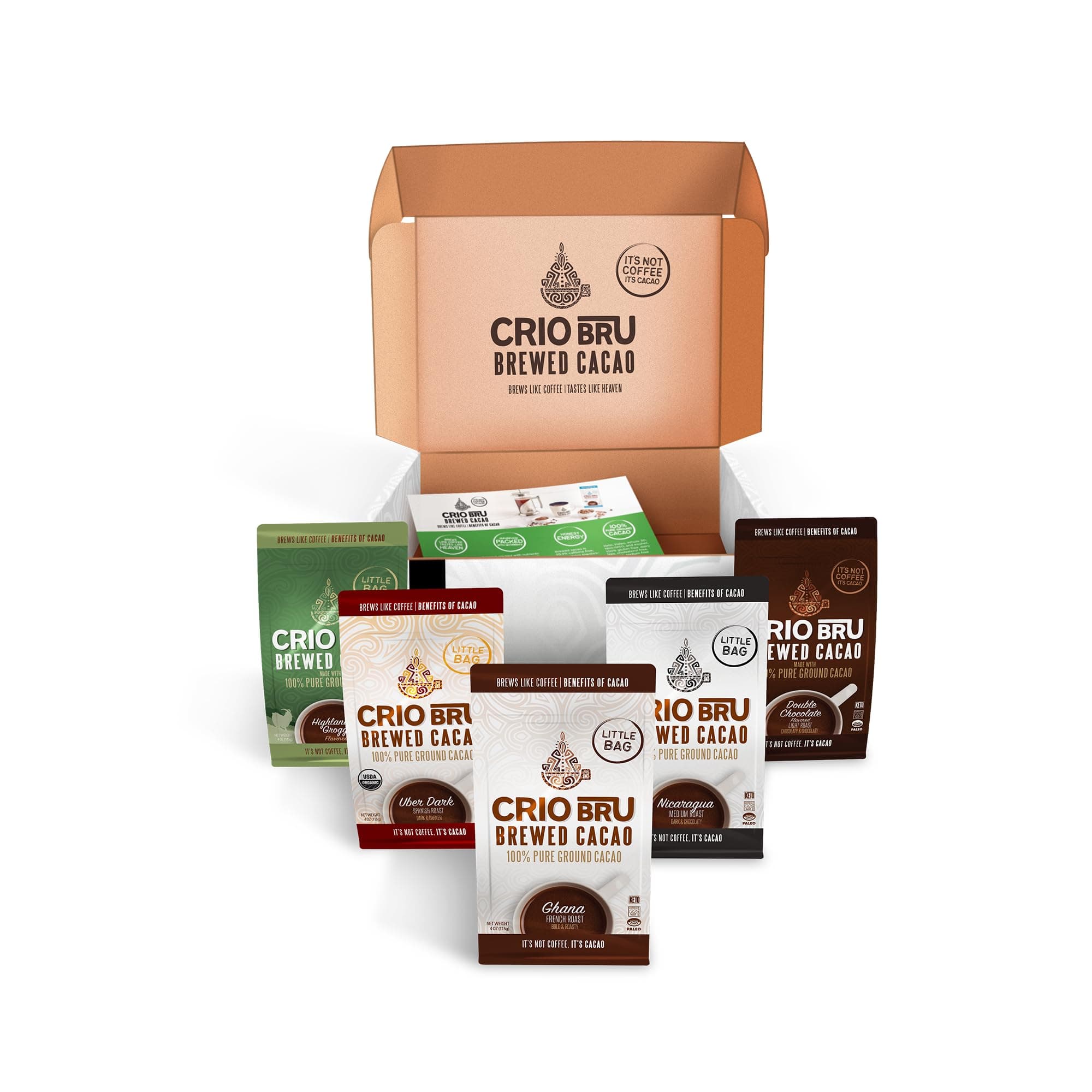 Sampler Starter Kit/Set (5 Varieties) | Natural Healthy Brewed Cacao Drink | Great Substitute to Herbal Tea and Coffee | 99% Caffeine Free | Keto Whole-30 Honest Energy Brew And Enjoy Hot or Iced (Kit (No French Press))
