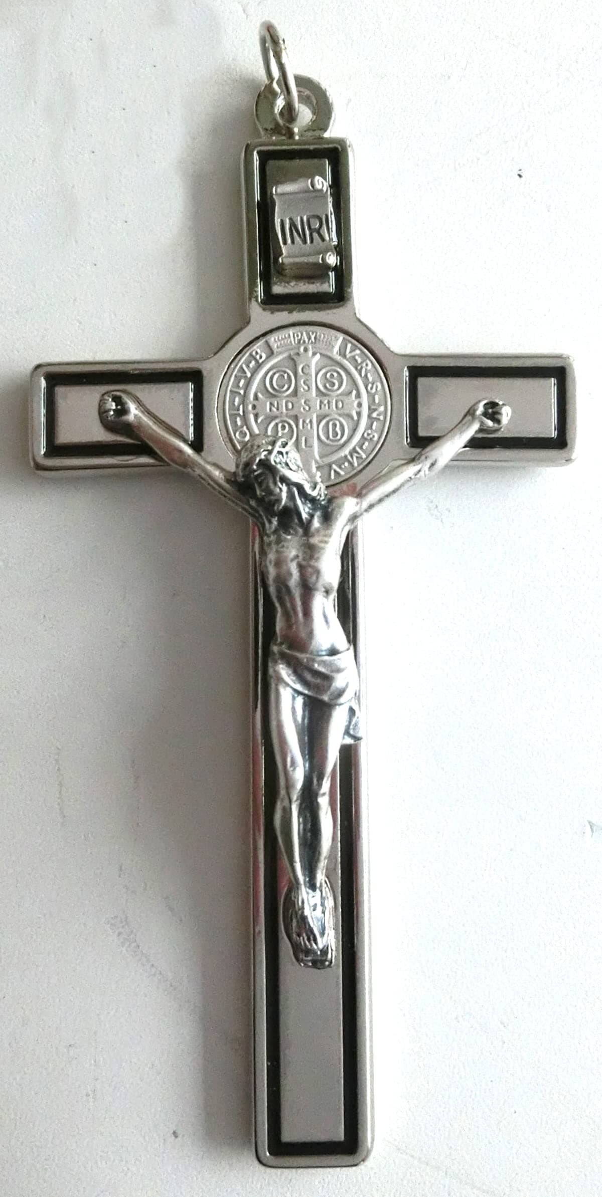 10.380.11 Cross of Saint Benedict with Enamelled Riga Hand Size 12 cm Silver with Ring Exorcist Exorcism