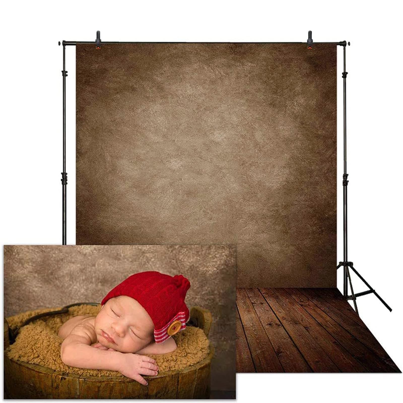 5x7ft Soft Fabric Brown Wall with Wooden Floor Photography Backdrop Newborn Baby Photoshoot Abstract Portraits Photo Photographer Background Props