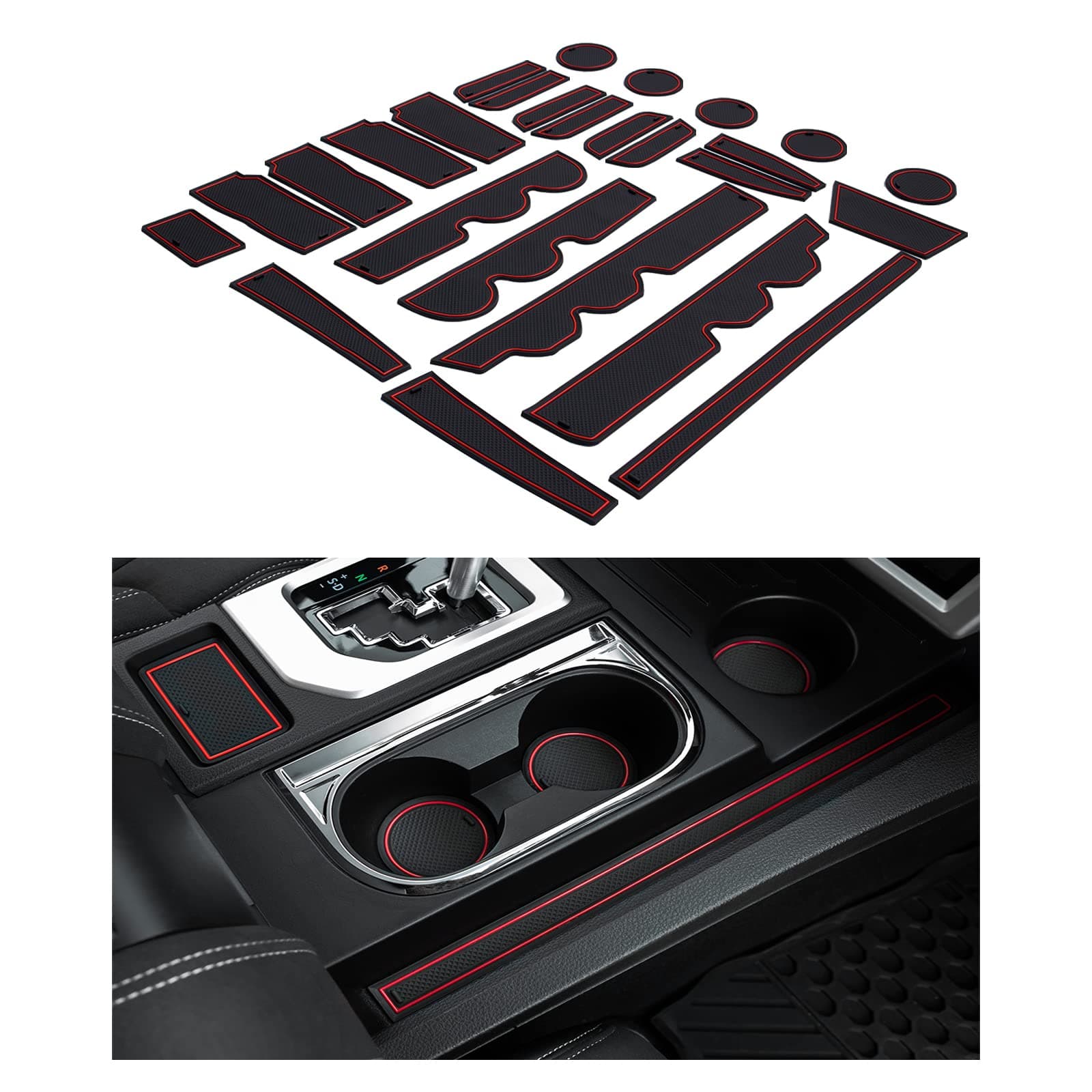 JDMCAR Compatible with Toyota Tundra Accessories 2021 2020 2019 2018 2017 2016 2015 2014 Premium Liner Accessories, Custom Console, Cup Holder, and Door Pocket Inserts Kit - (Bucket Seat,Red Trim)