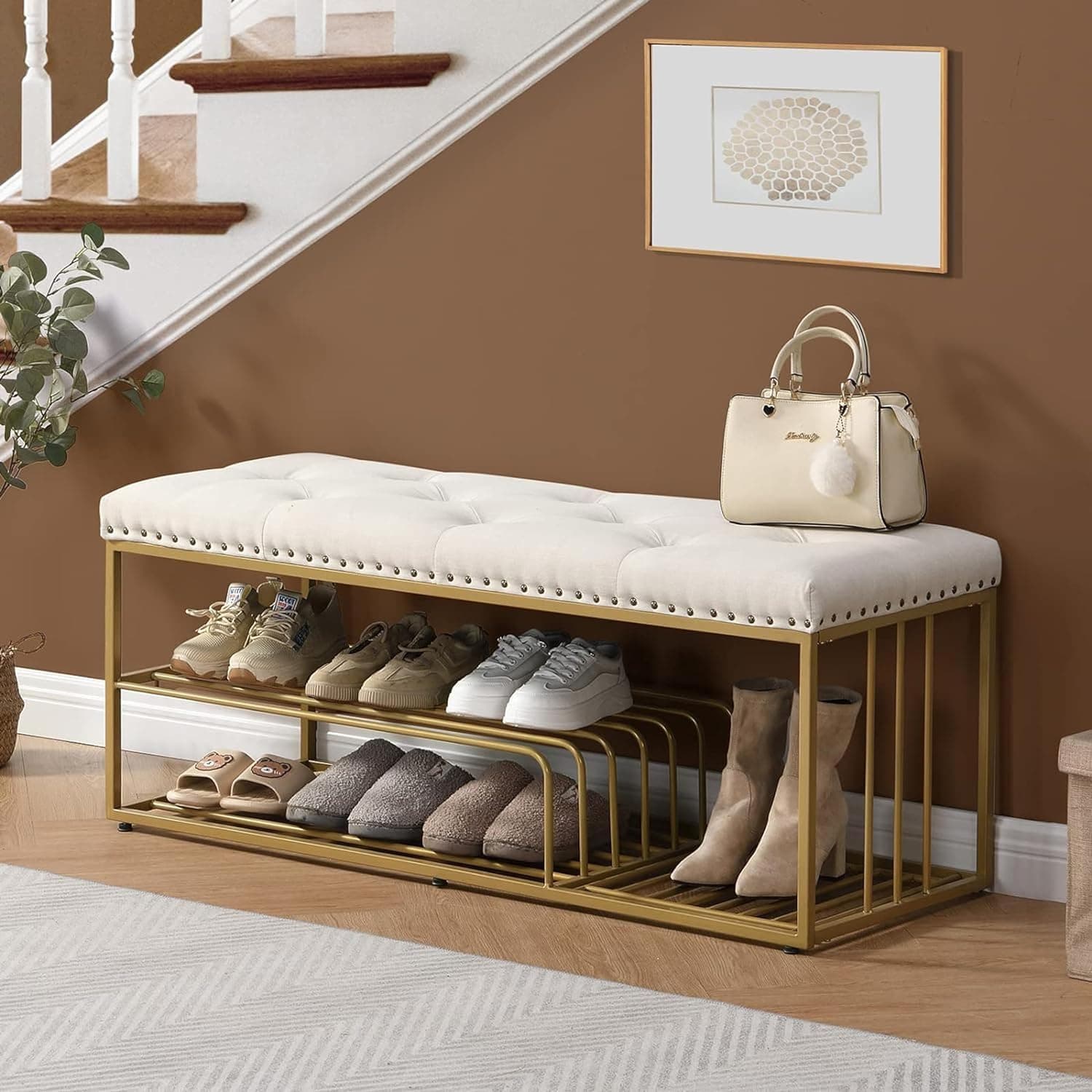 Luxurious Shoe Bench with Golden Shoe Shelf,Velvet Upholstered Shoe Rack Bench Shoe Organizer,Modern Entryway Bench Shoe Storage Bench Seat (Off White)