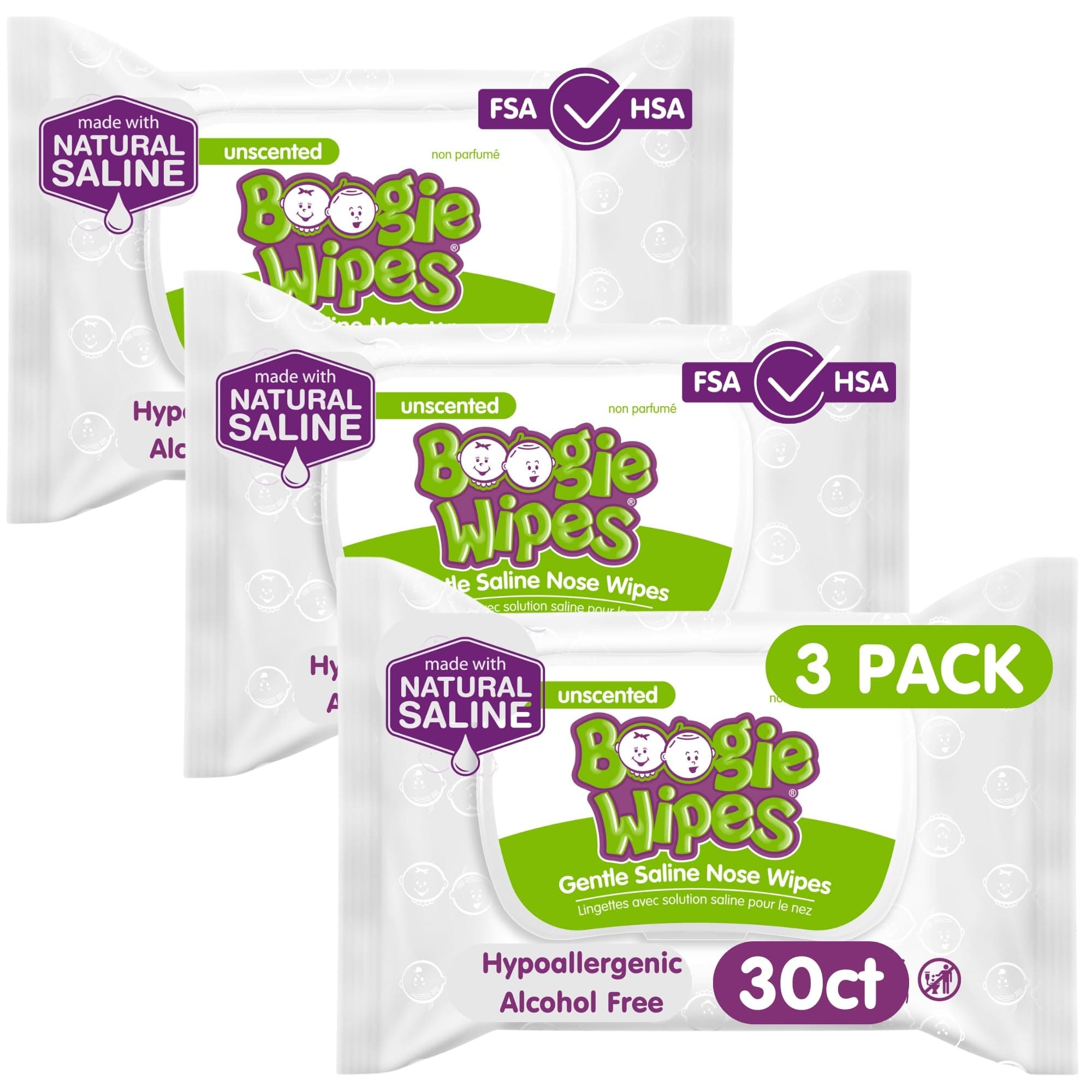 Boogie Wipes, Saline Wipes for Baby & Kids, Nose Booger Wipes for Allergy Relief, Face, Hand & Body, Made with Vitamin E, Aloe and Natural Saline, Unscented, 30 Count (Pack of 3)