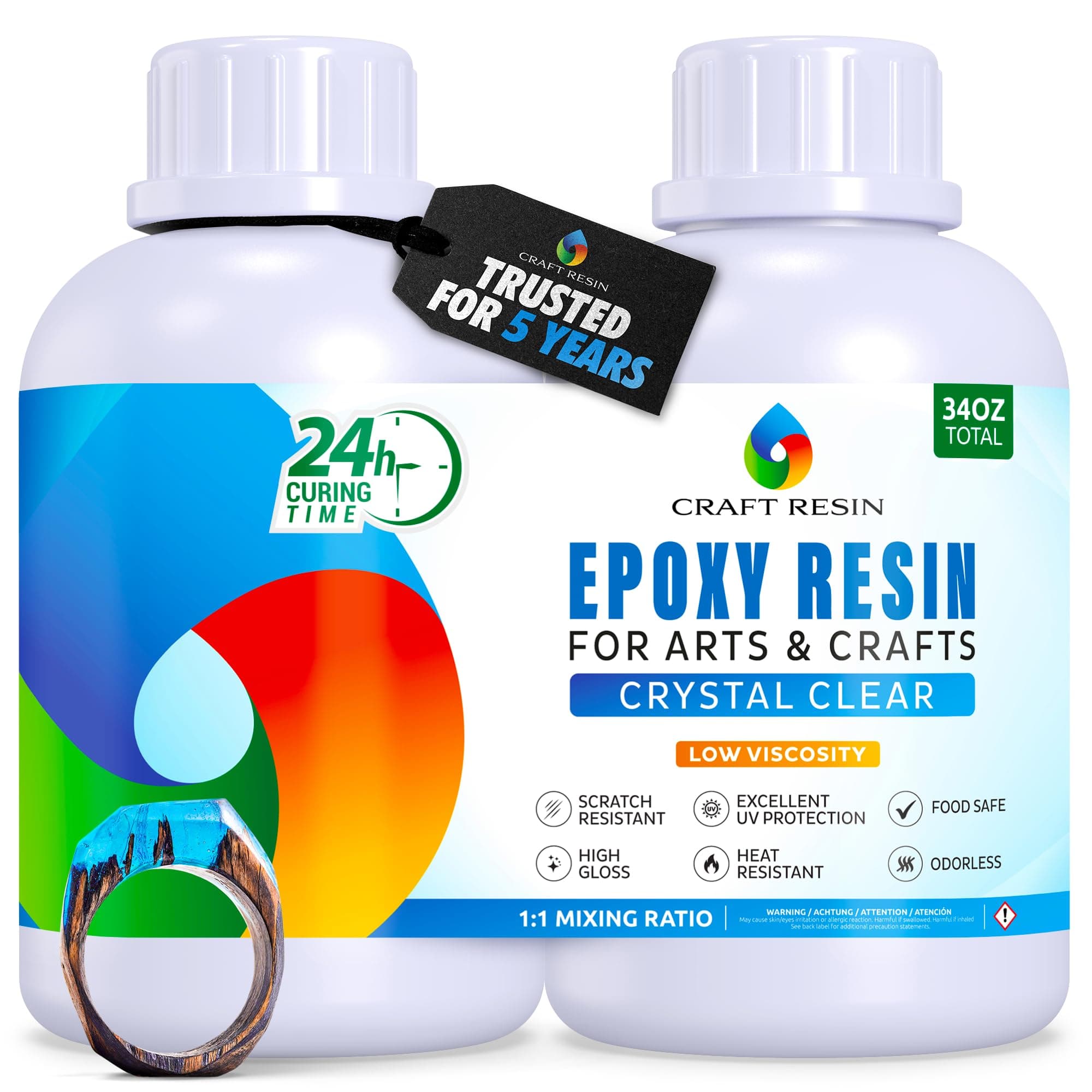 CRAFT RESIN 34Oz Crystal Clear Epoxy Resin - Low Viscosity Epoxy Resin Kit with Hardener for Crafts, DIY Art, Wood, Mold Casting Resin Epoxy, Jewelry Making, Coasters - Food Safe & UV Resistant