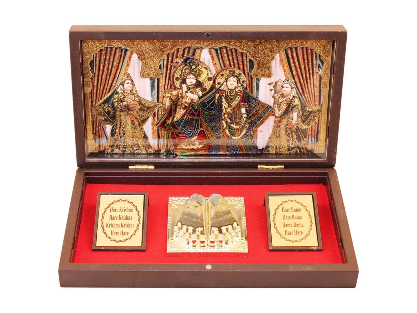 GoldGiftIdeas 24 Carat Gold Plated Radhe Krishna Photo Frame With Charan Paduka, Hare Krishna Wooden Momento Gift, Tabletop.