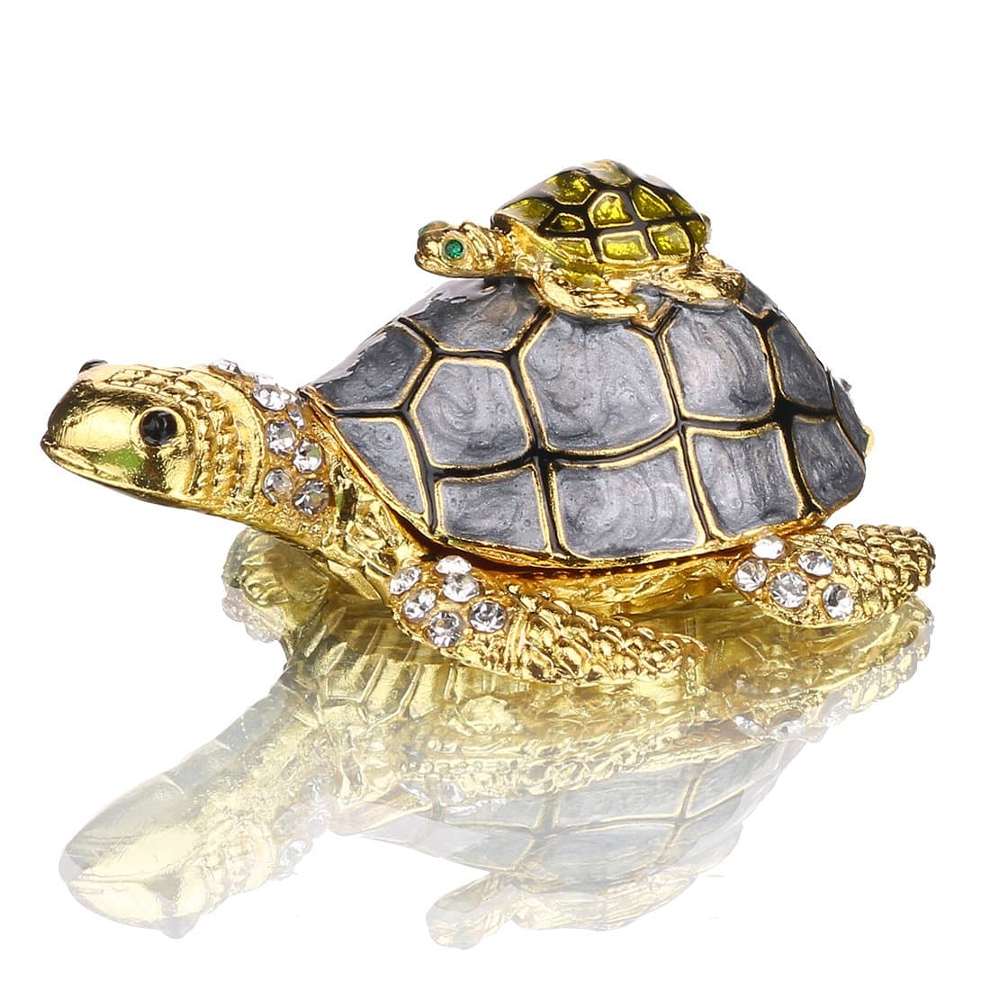 YUFENG Bejeweled Mother and Baby Turtle Jewelry Trinket Box with Crystals Grey Color