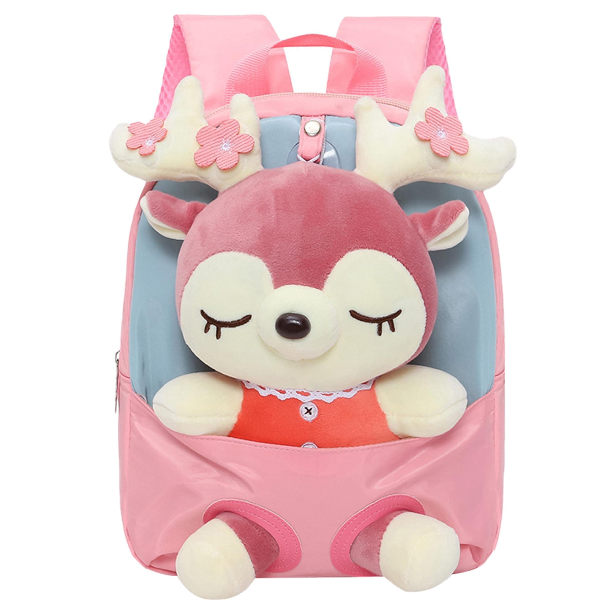AMETUS Kids Backpack with Plush Toys Colors and Adorable Plushies, School Backpack Plush for Girl Gifts 3-6 Year, Deer Pink