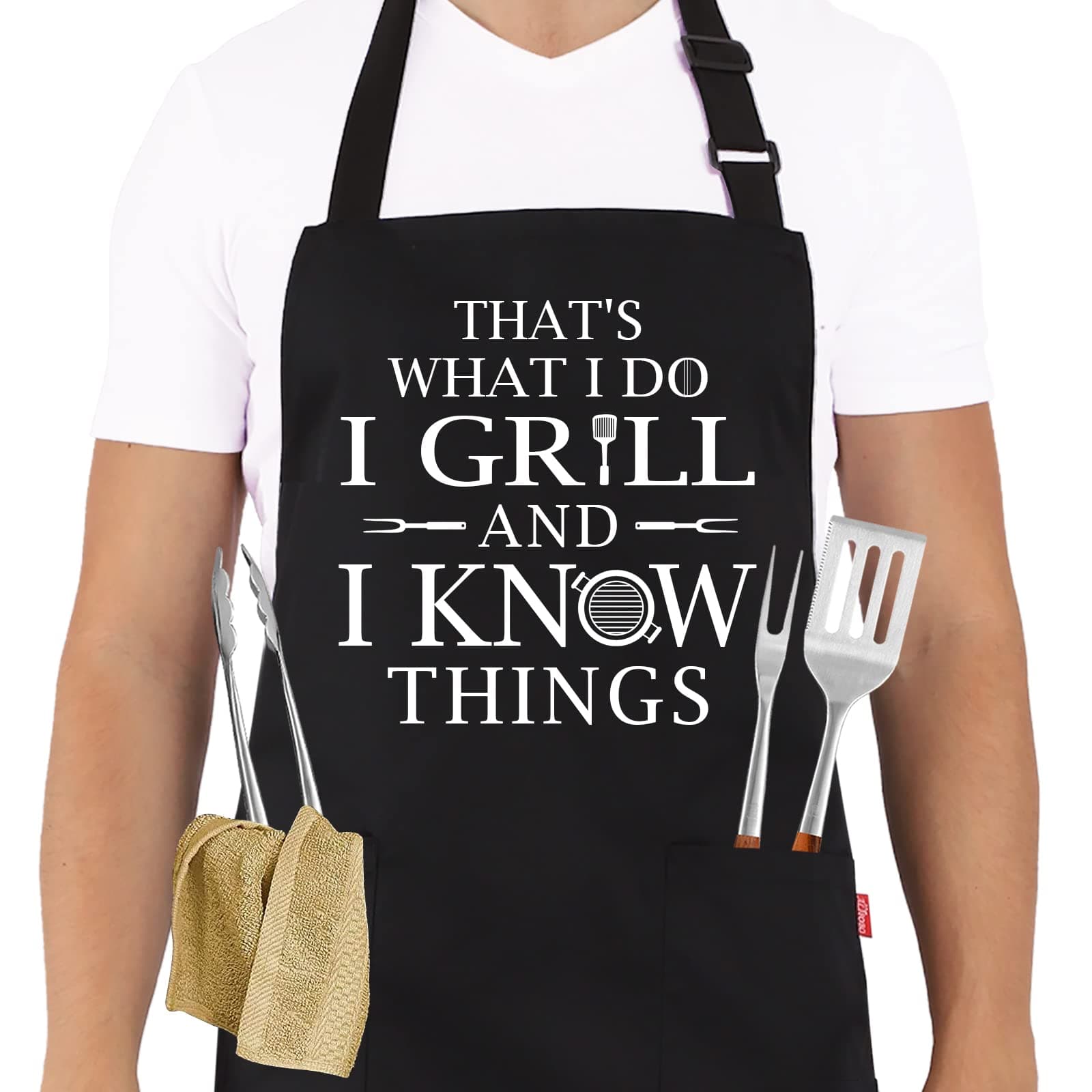 Funny Grilling Aprons for Men - BBQ Cooking Apron with 2 Pockets, Adjustable Neck Strap and 40" Long Ties - That's What I Do I Grill and I Know Things