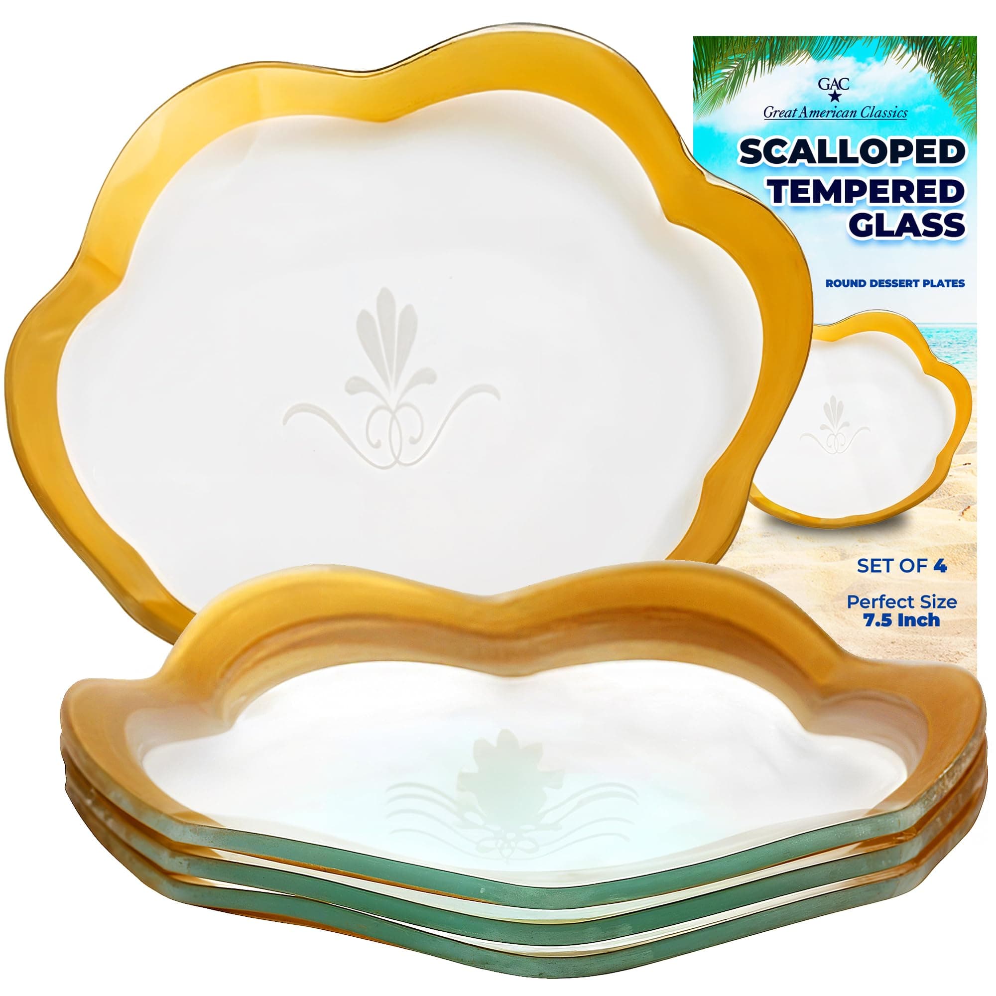 GAC Scalloped Tempered Glass Dessert Plates and Platters - Elegant Dinnerware & Decorative Plates with Gold Trim, Ideal for Serving Food, Special Occasions, and Presents - Set of 4, 7.5 Inch