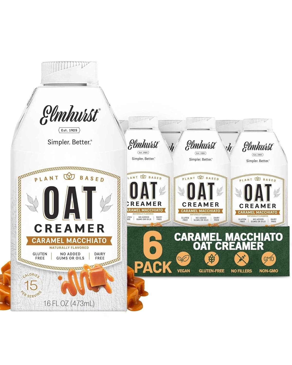 Elmhurst 1925 Caramel Macchiato Oat Creamer - 16 Ounce (Pack of 6) Dairy-Free, Vegan, Kosher, Low Sugar, Shelf Stable Creamer Made with Oat Grains & Caramel for Simpler Plant Based Alternatives