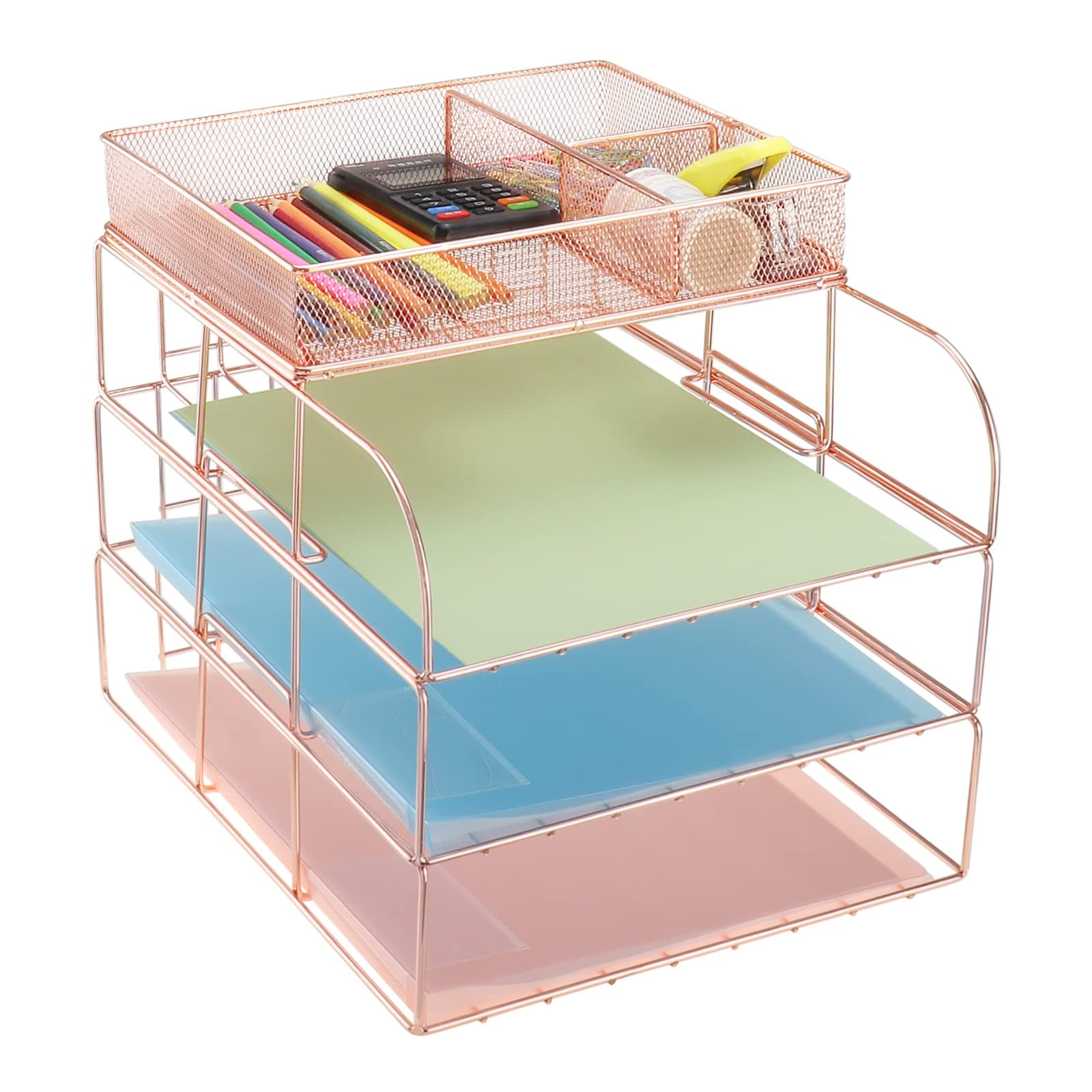3-Tier Stackable Letter Tray with 3 Slots Upper Basket, Multifunctional Desk Organizer for Home Office School, Rose Gold (#4)
