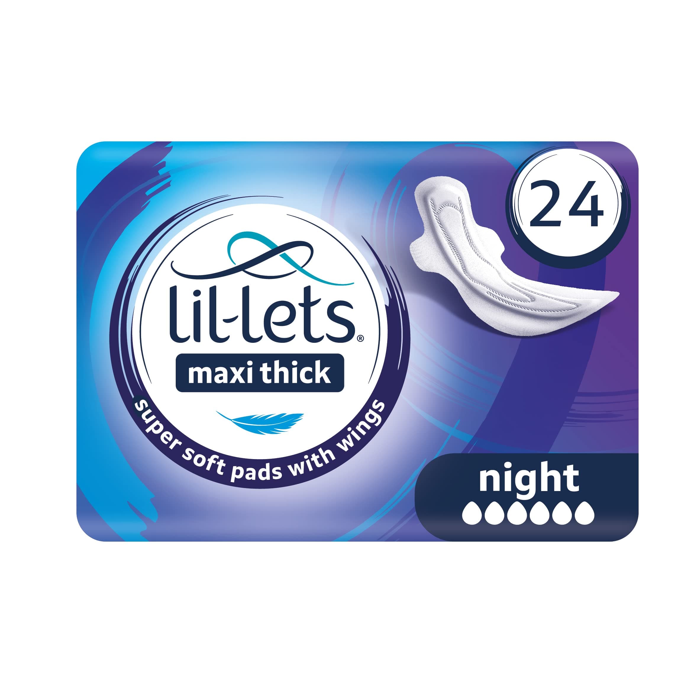 Lil-Lets Maxi Thick Night Sanitory Pads - Super Soft Cotton With Wings Superior Comfort fast Abosorption Leak Proof Protection Skin Friendly Fragrance Free 24 Units