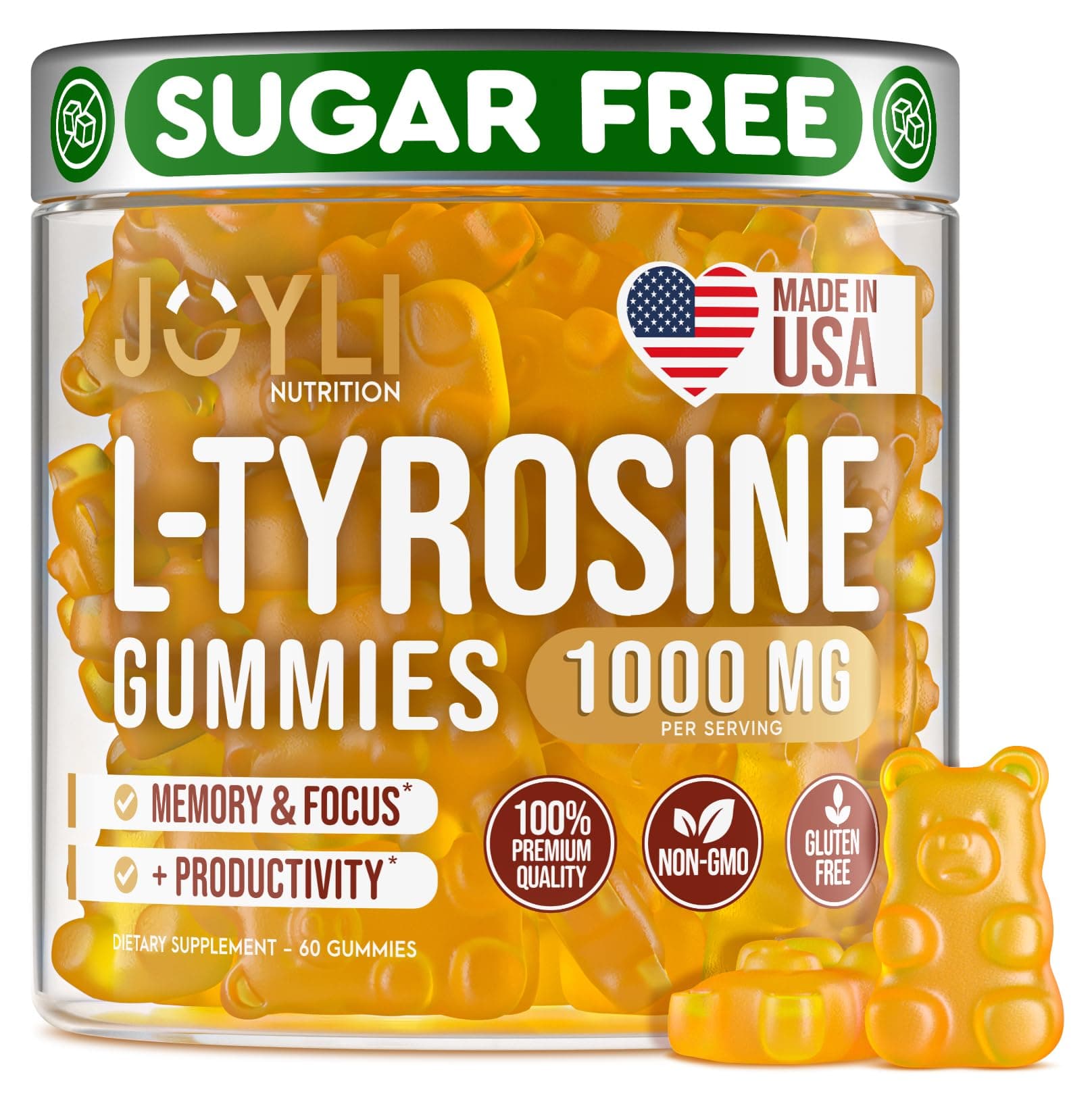 Joyli Nutrition L Tyrosine Gummies - Organic L-Tyrosine 1000Mg Focus Supplement For Mood Boost, Memory & Energy Levels All-Natural Gelatinfree L- Calm Vegan, Gluten-Free
